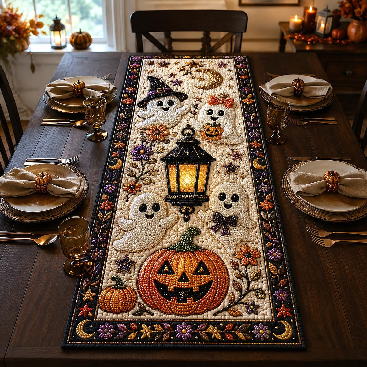 Ghosts and Lantern Above Grinning Pumpkin Table Runner