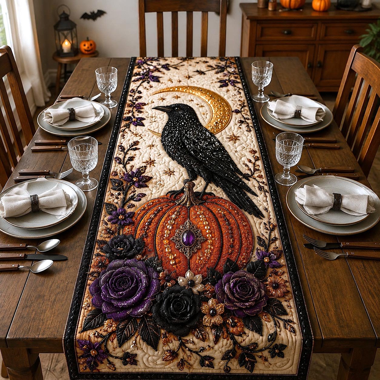 Raven on Pumpkin with Dark Roses Table Runner