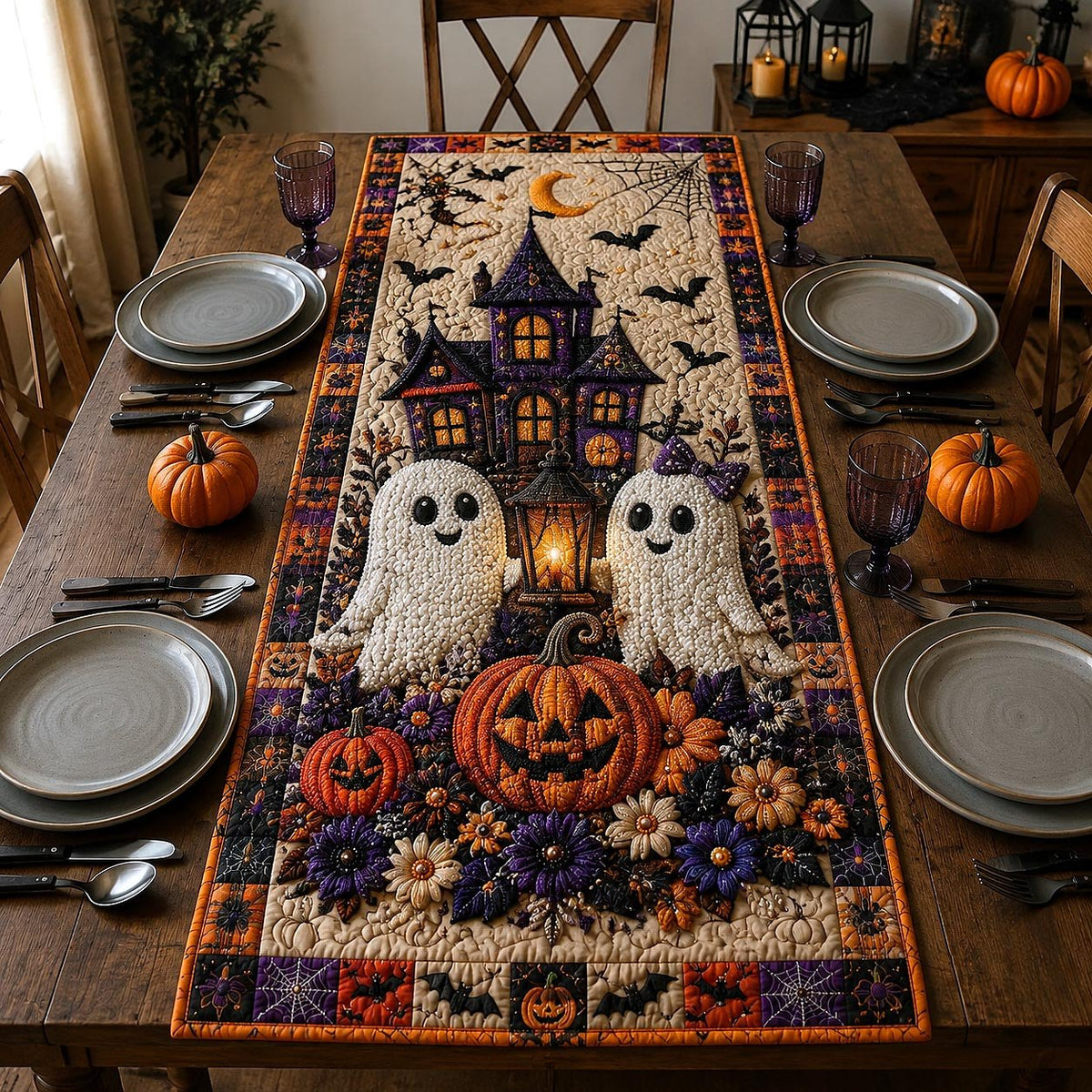Haunted House with Floating Ghosts Table Runner