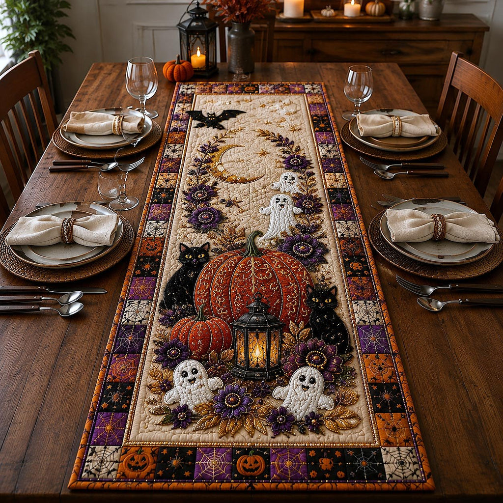 Pumpkin Lantern with Purple Ghosts Table Runner