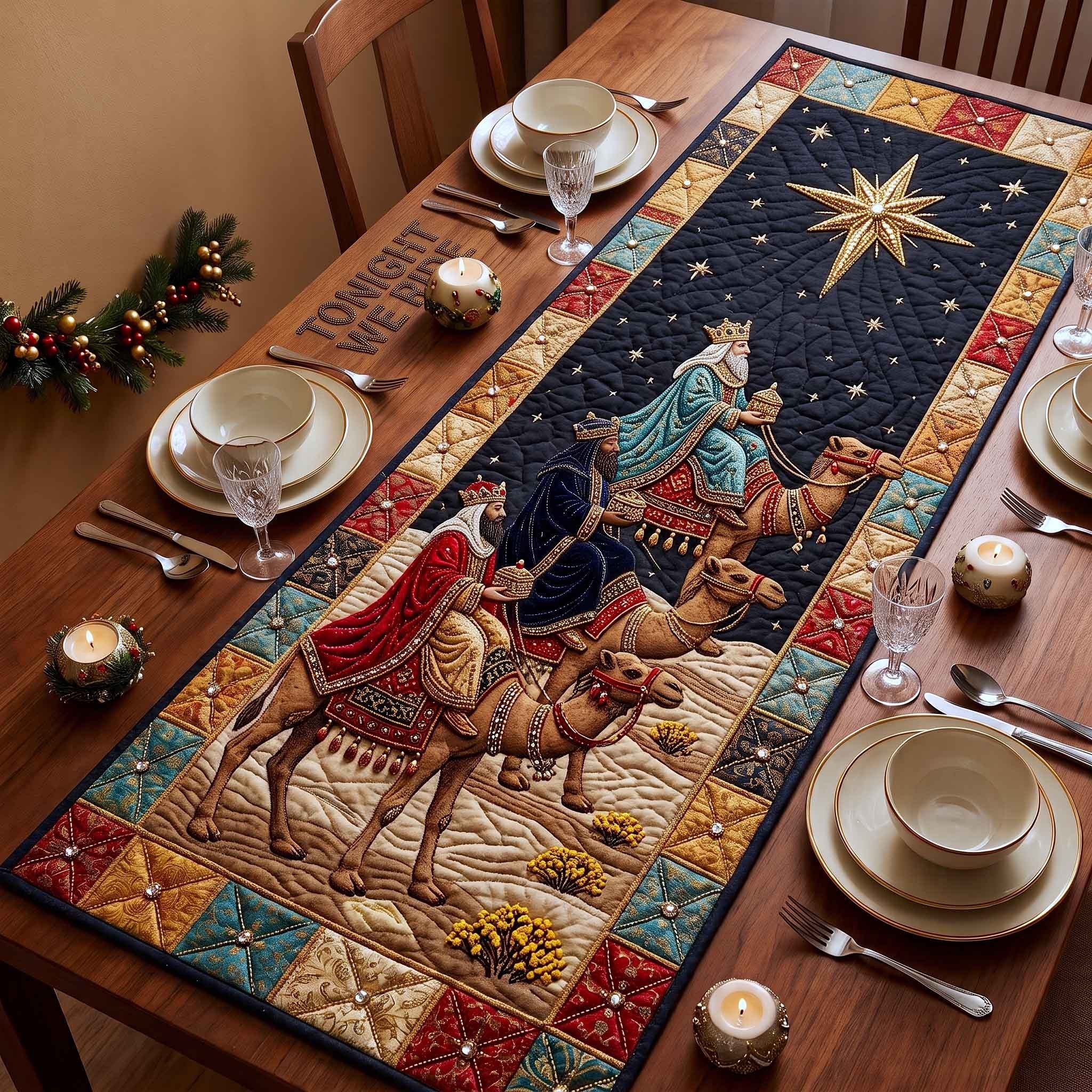 Three Kings Riding Camels at Night Table Runner