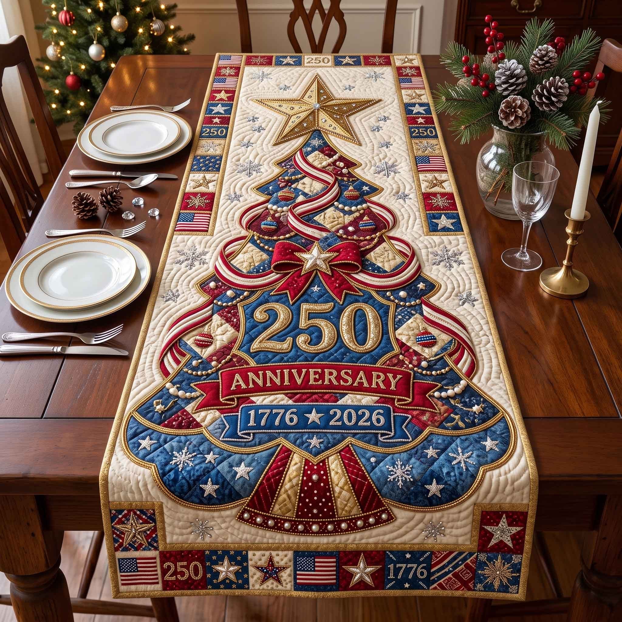 250 Anniversary Patriotic Christmas Tree Table Runner