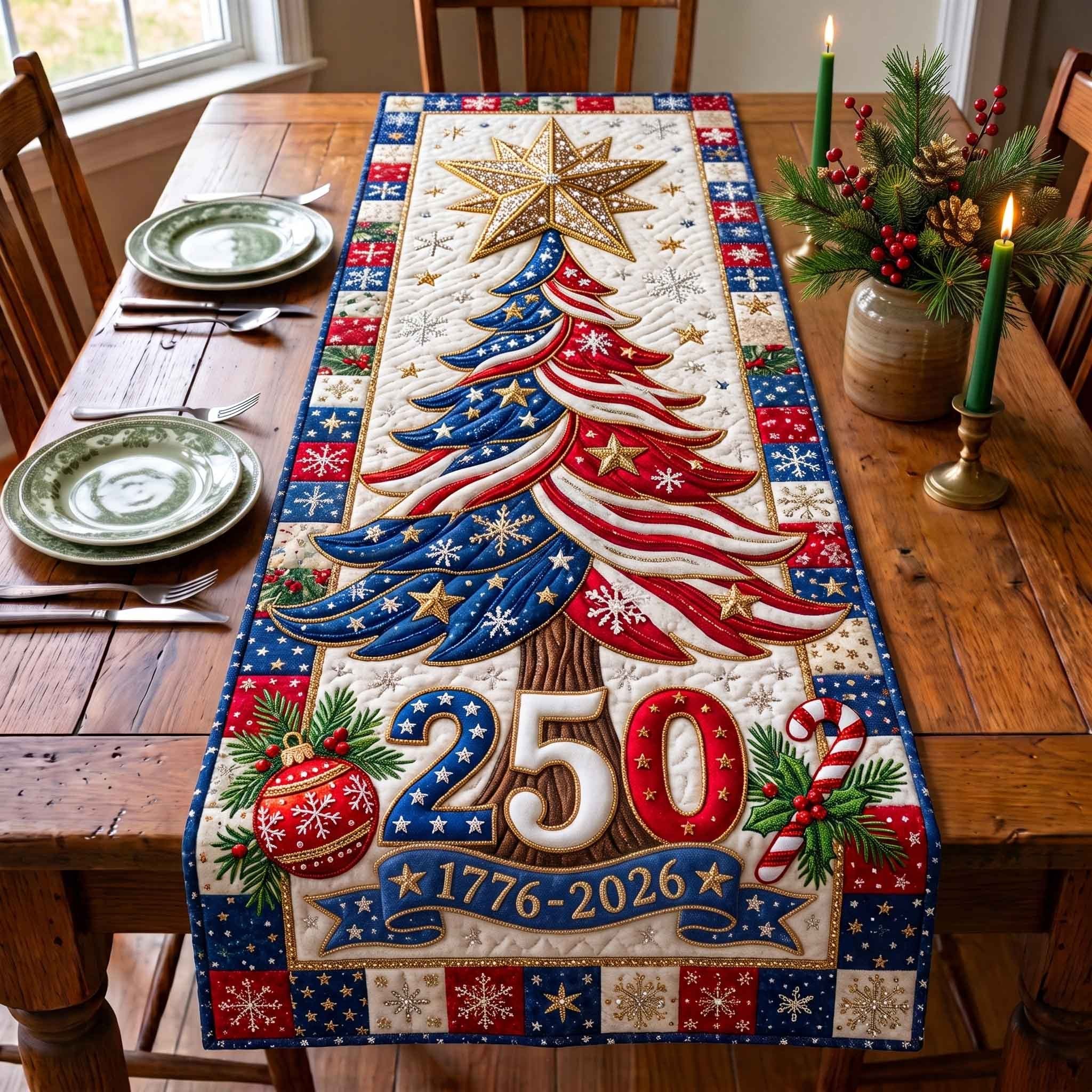 250 Years with Red White Trees Table Runner
