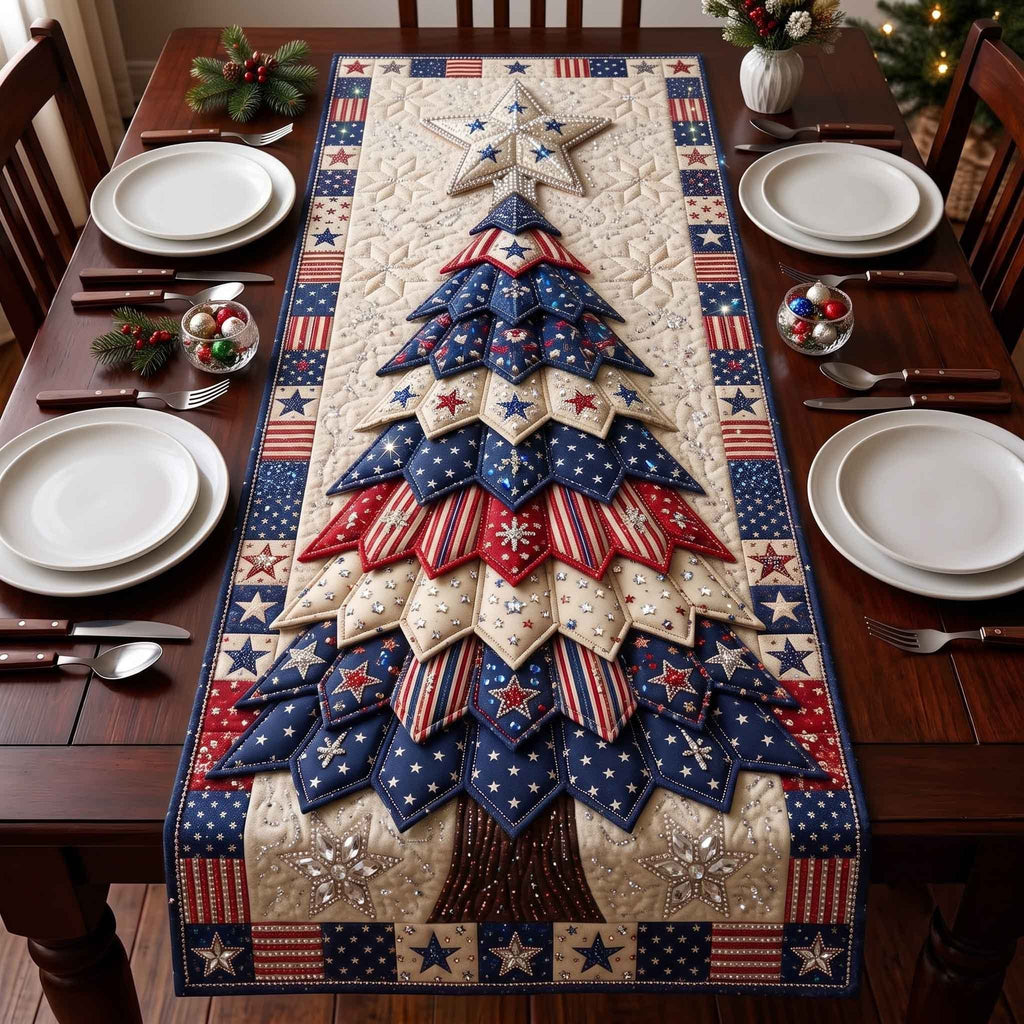 Navy Patchwork Patriotic Tree Table Runner