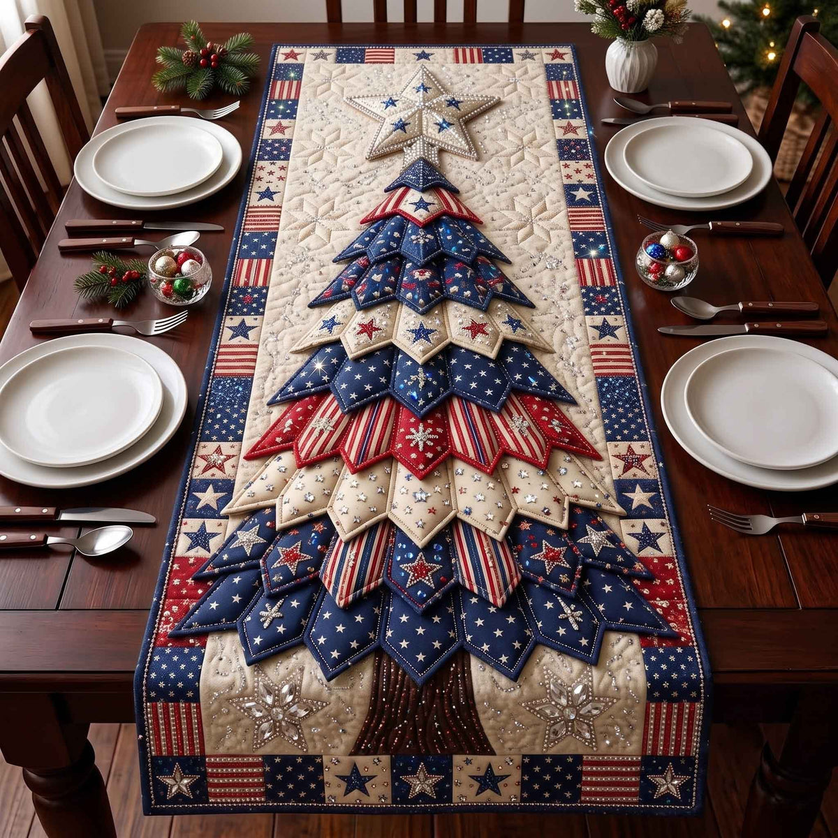 Navy Patchwork Patriotic Tree Table Runner