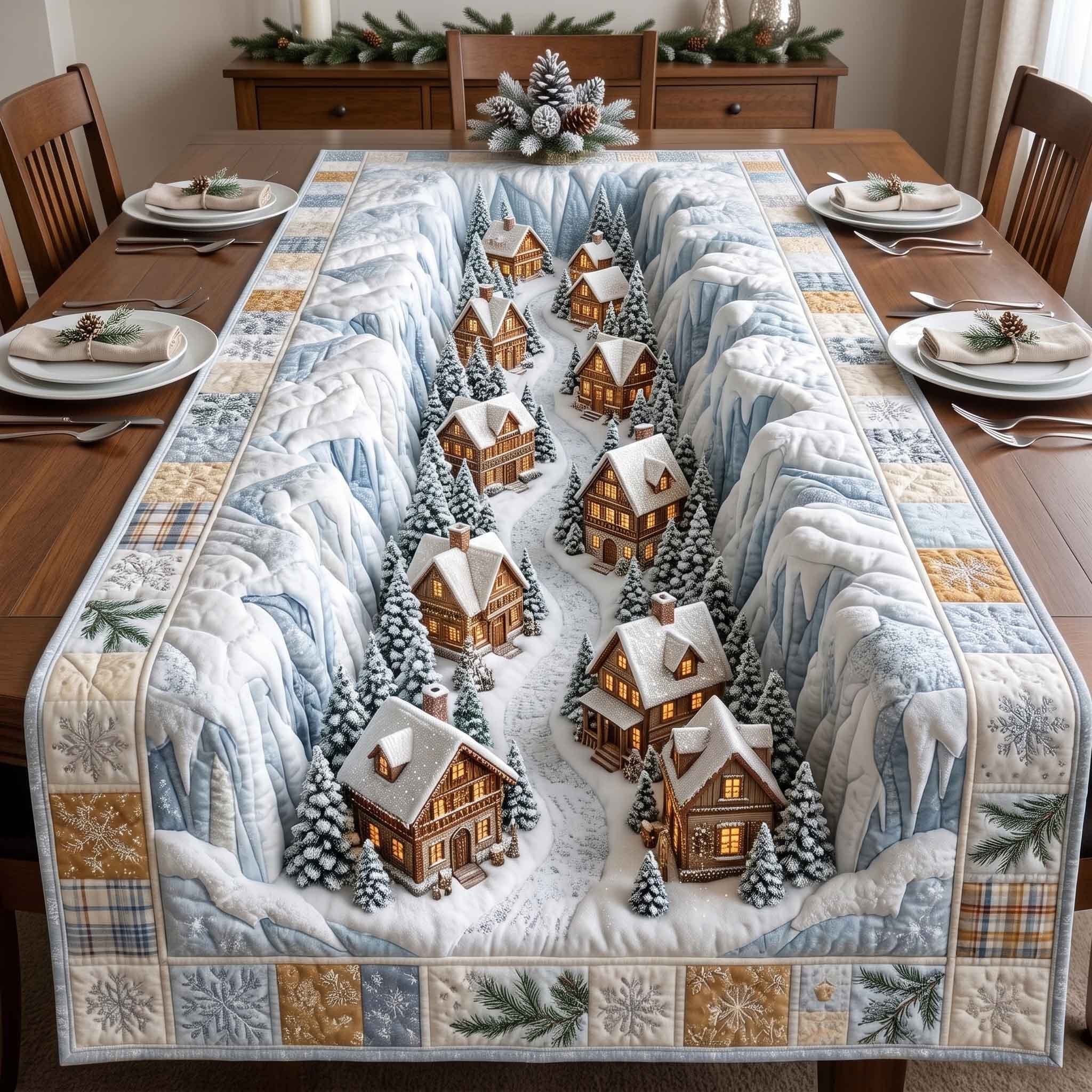 Snowy Gingerbread Village in Blue Table Runner