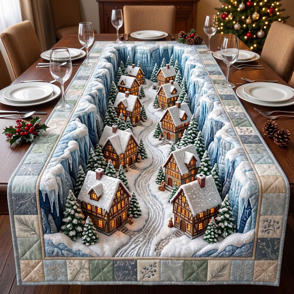 Snow Covered Cottages and Pines Table Runner