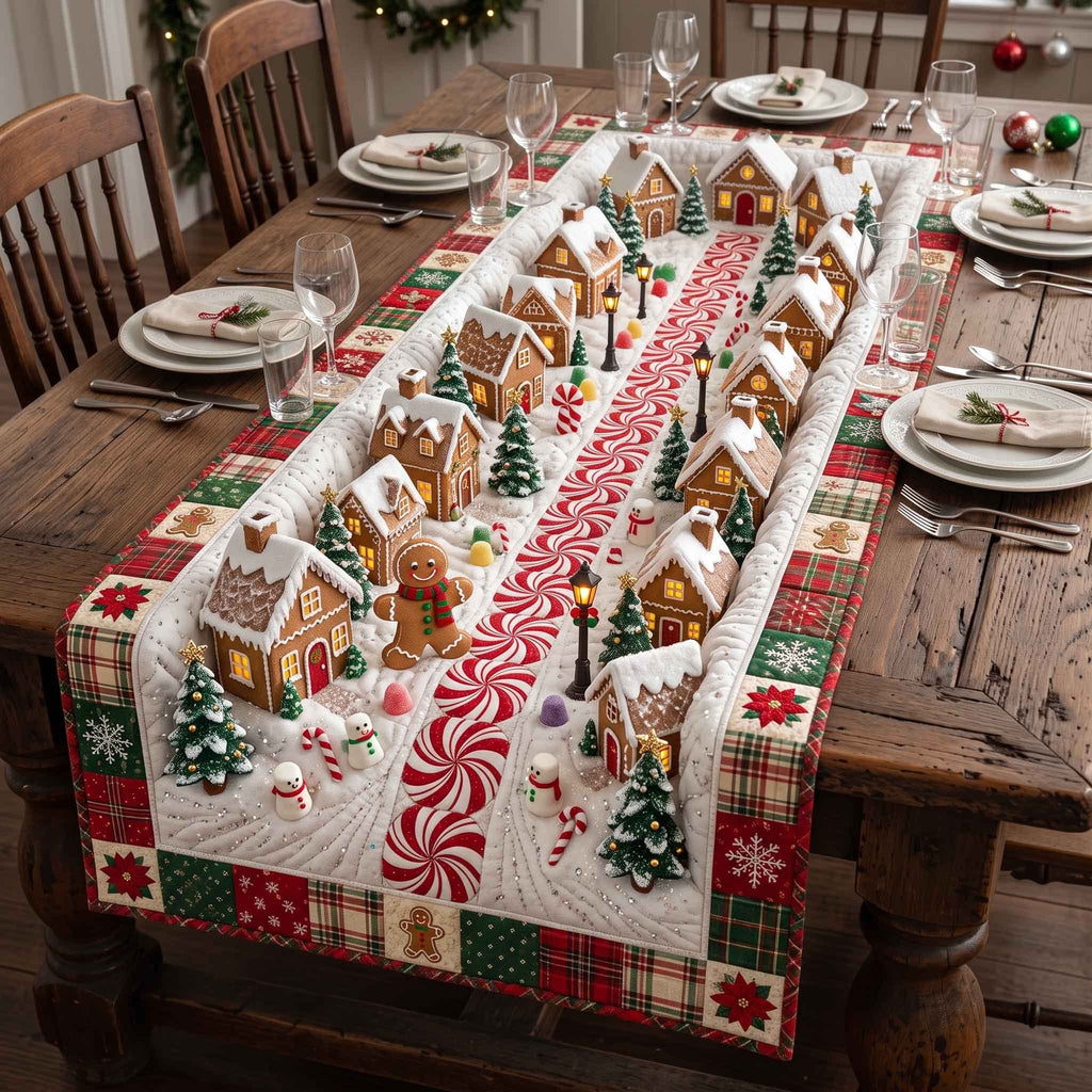 Gingerbread Houses with Peppermint Border Table Runner