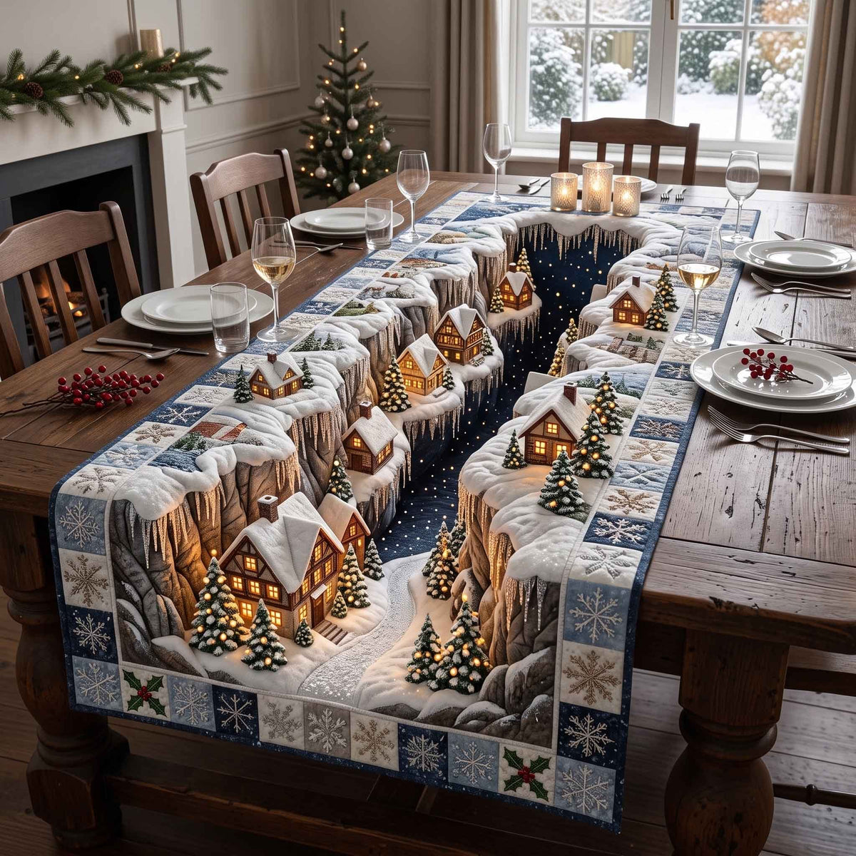 Gingerbread Village with Snowflake Border Table Runner