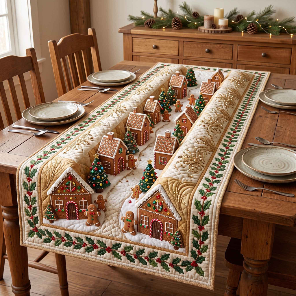 Gingerbread Village with Holly Border Table Runner