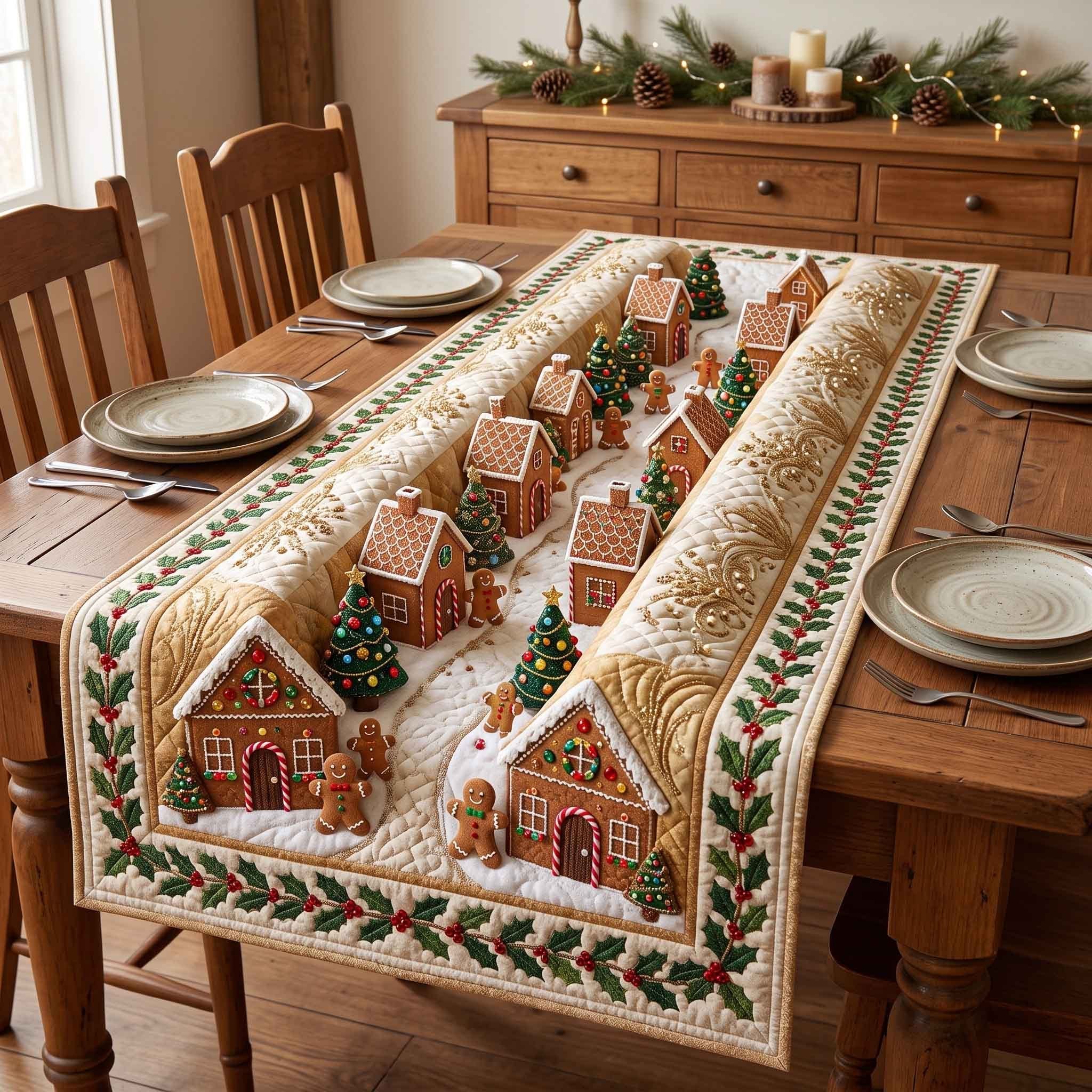Gingerbread Village with Holly Border Table Runner