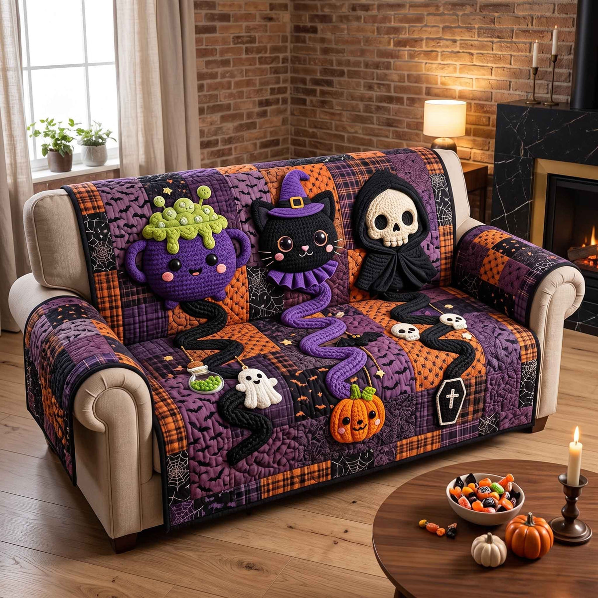Purple Monsters and Ghosts on Purple Sofa Cover