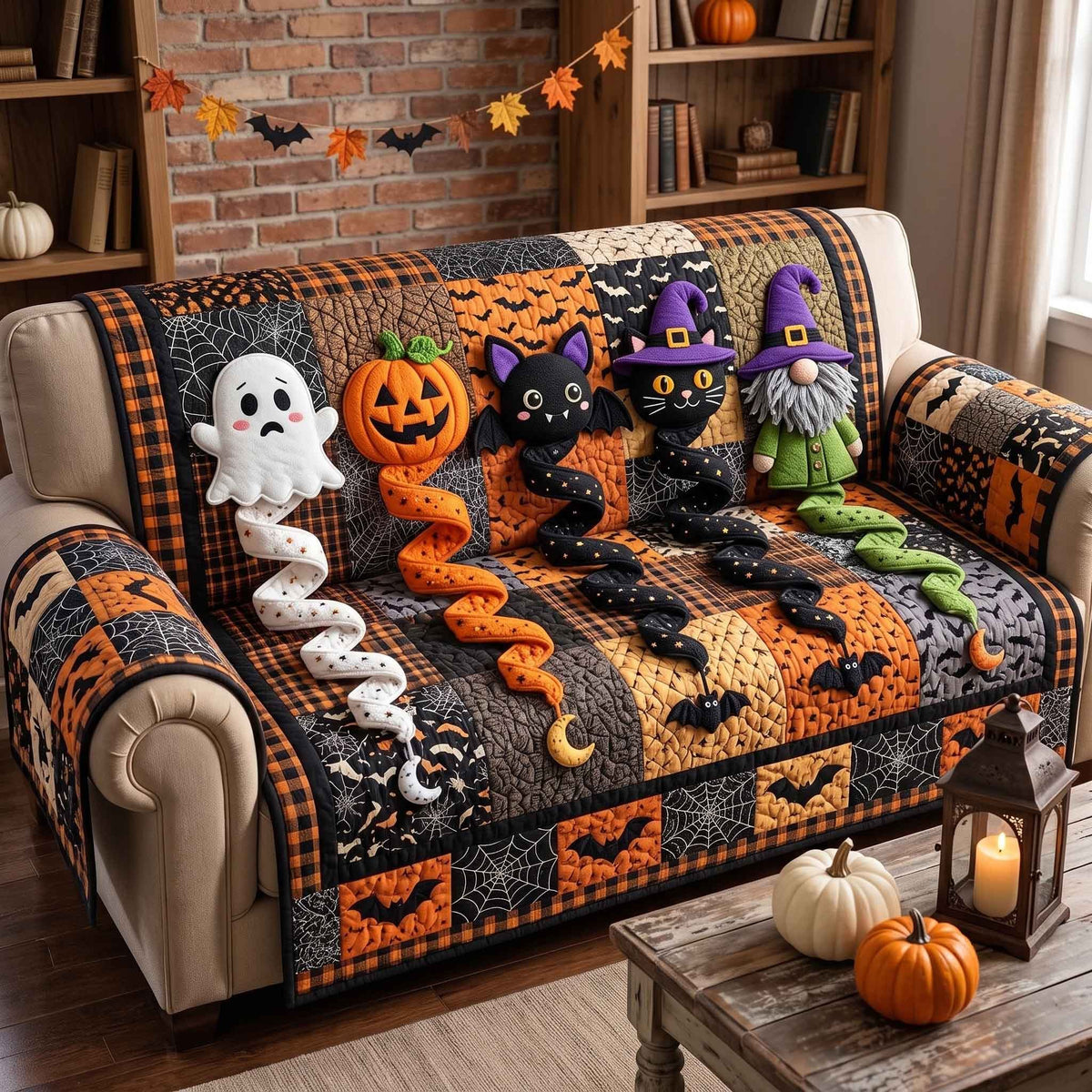 Ghost Pumpkin Cat and Gnome Sofa Cover