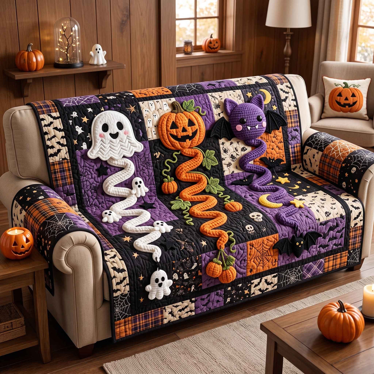 Ghosts and Pumpkins on Purple Quilt Sofa Cover