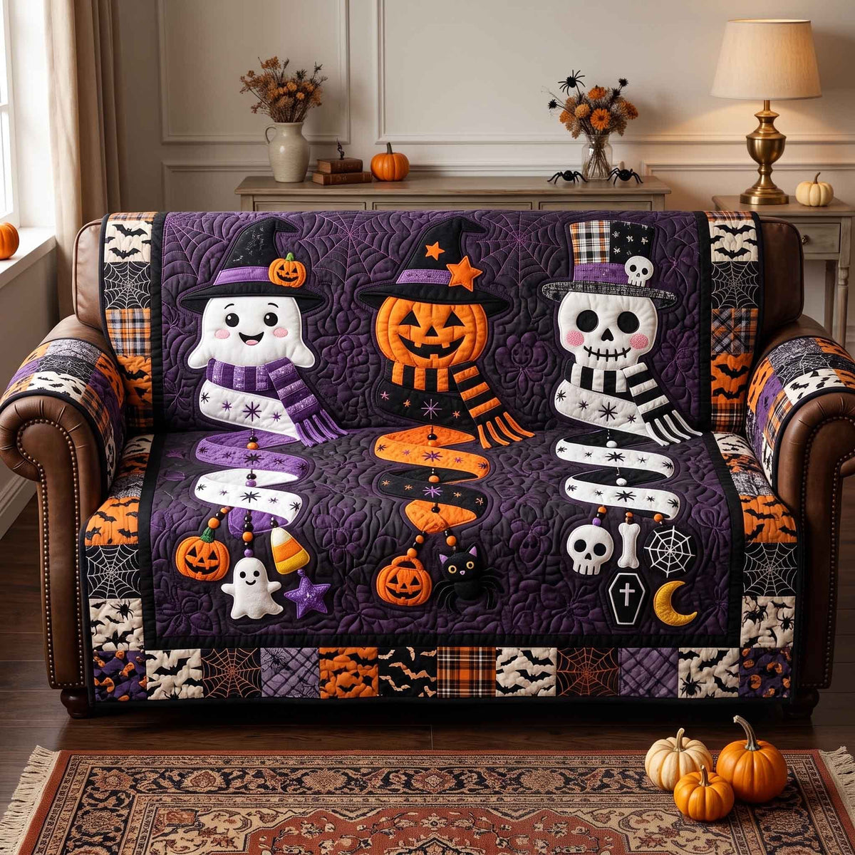 Ghost Pumpkin and Skeleton Friends Sofa Cover