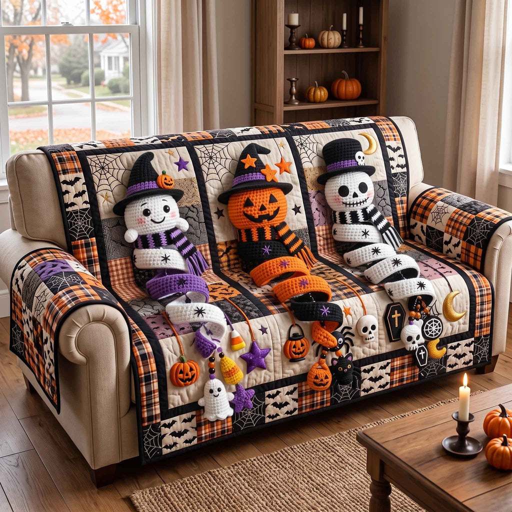 Ghost Pumpkin and Skeleton in Hats Sofa Cover