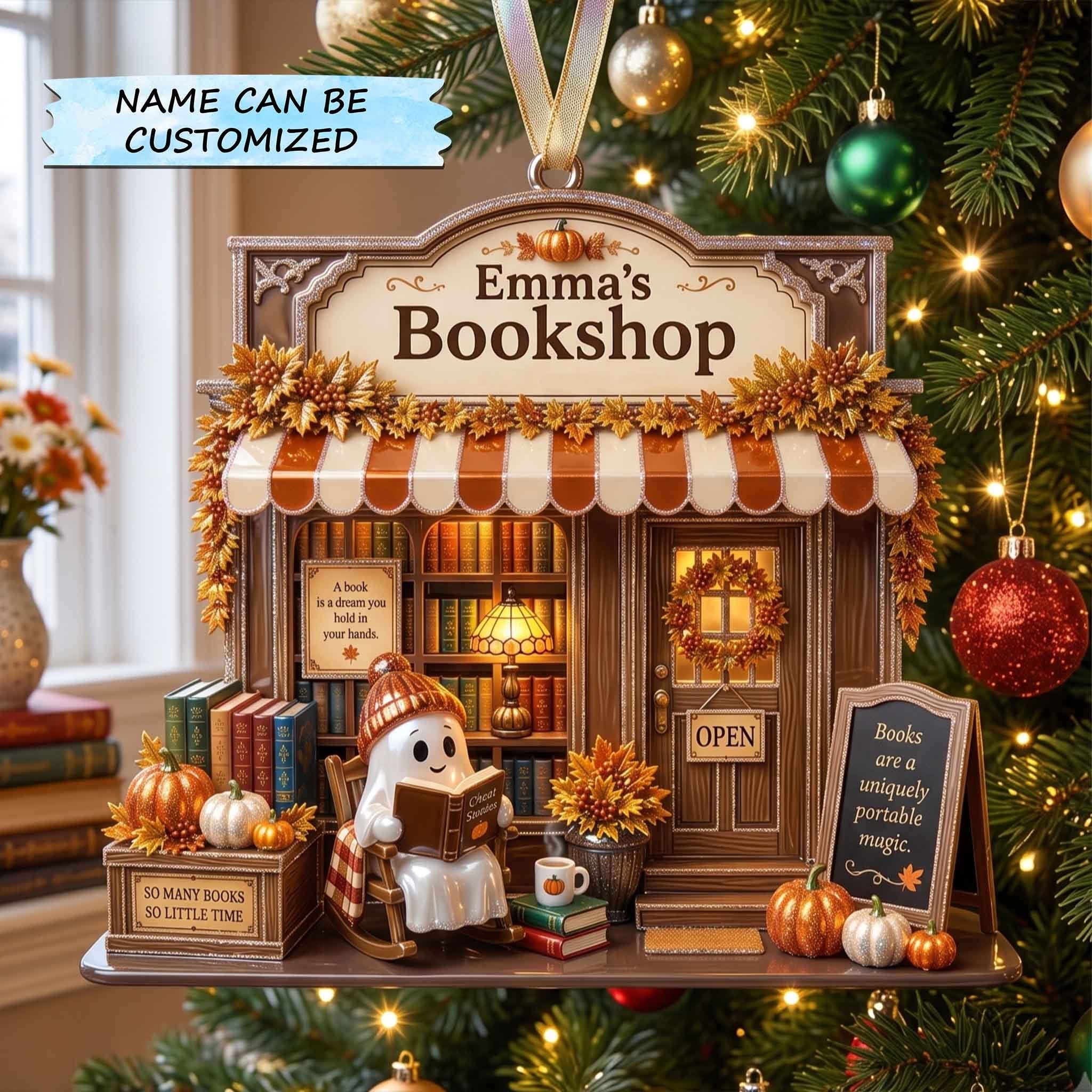 Autumn Bookshop with a Ghost Reader Christmas Ornament