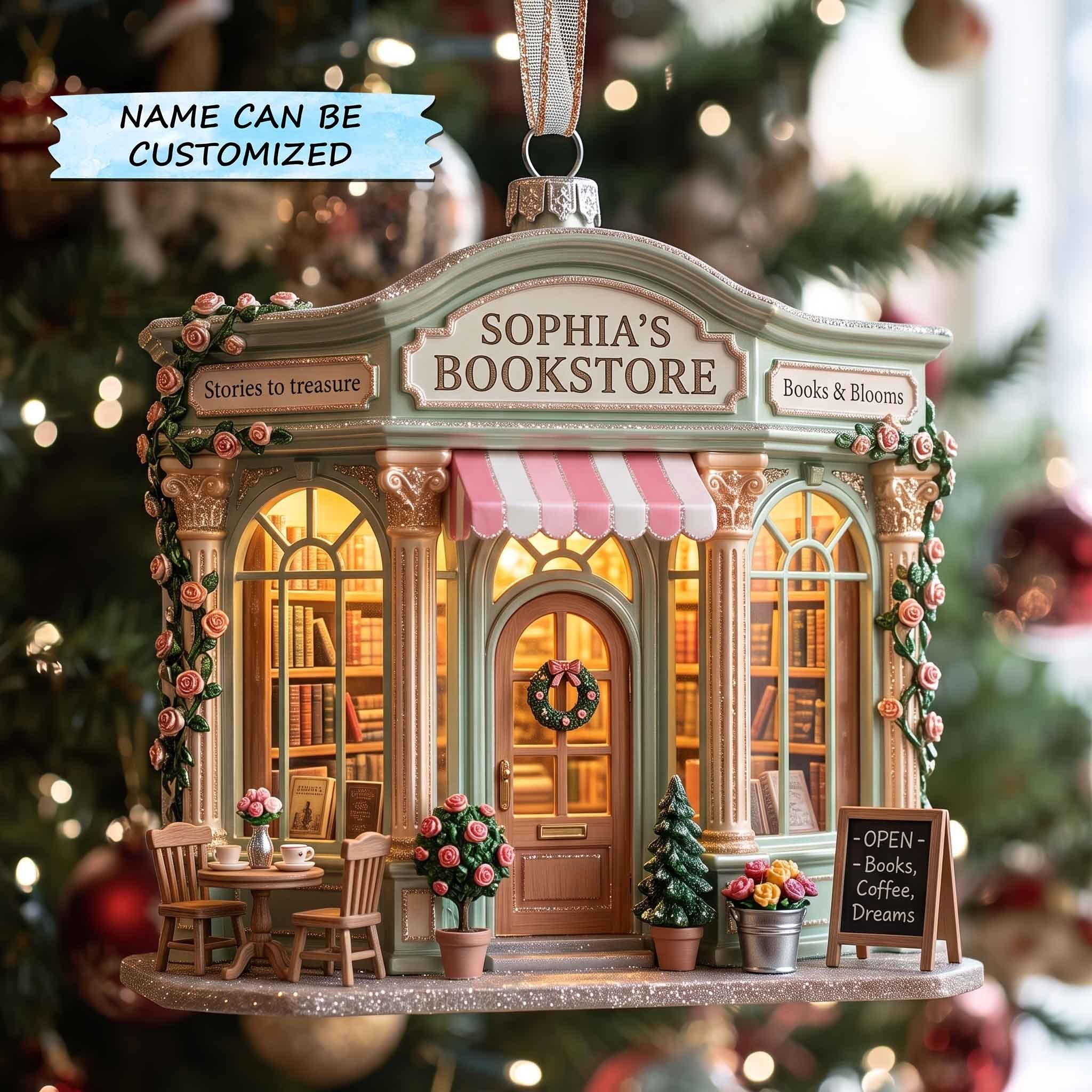 Rose Bookstore Facade Christmas Ornament