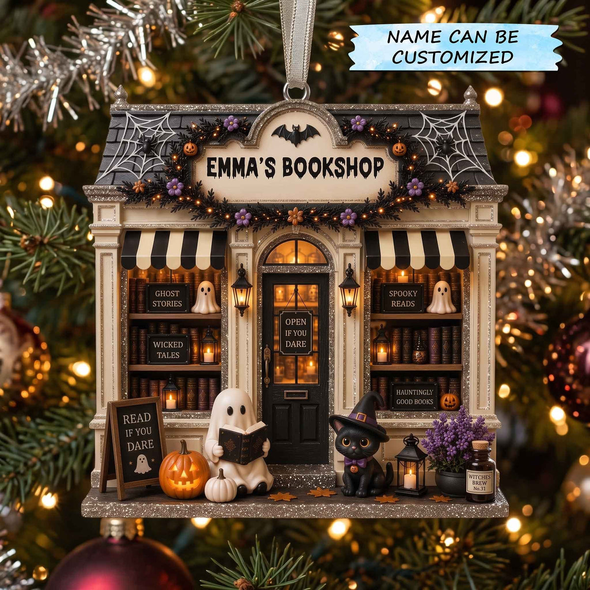 Halloween Bookshop with Ghosts Christmas Ornament