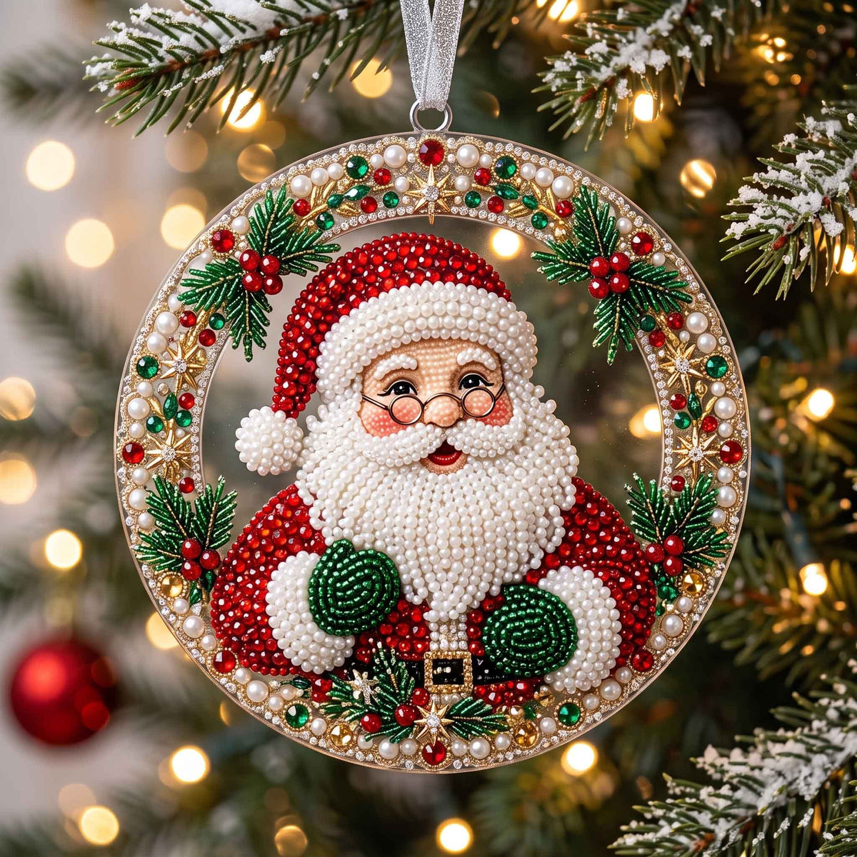 Pearl Santa in a Holly Ring Christmas Ornament