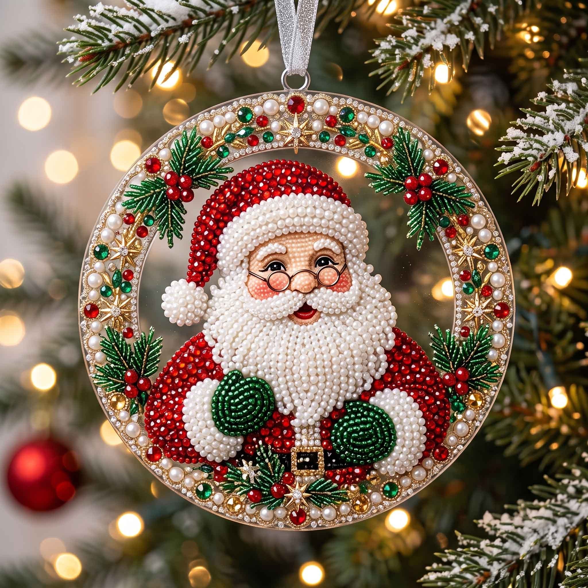 Pearl Santa in a Holly Ring Christmas Ornament