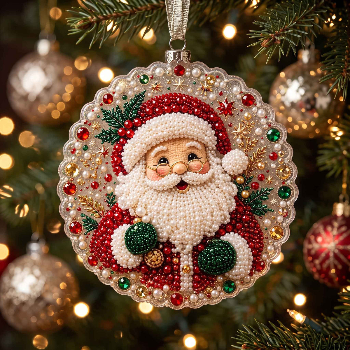 Beaded Santa Scallop Disc Christmas Ornament