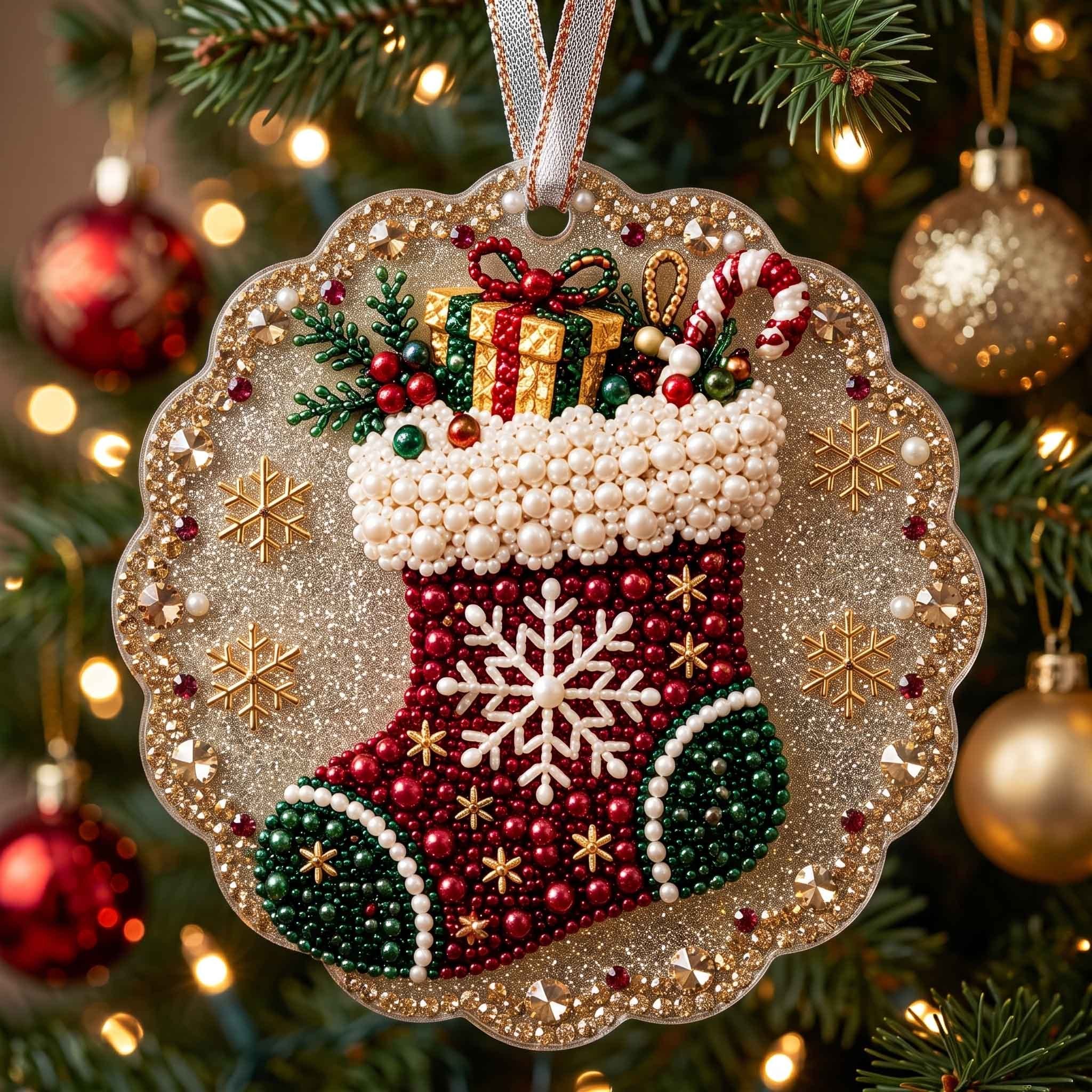 Pearl Stocking with Gifts Christmas Ornament