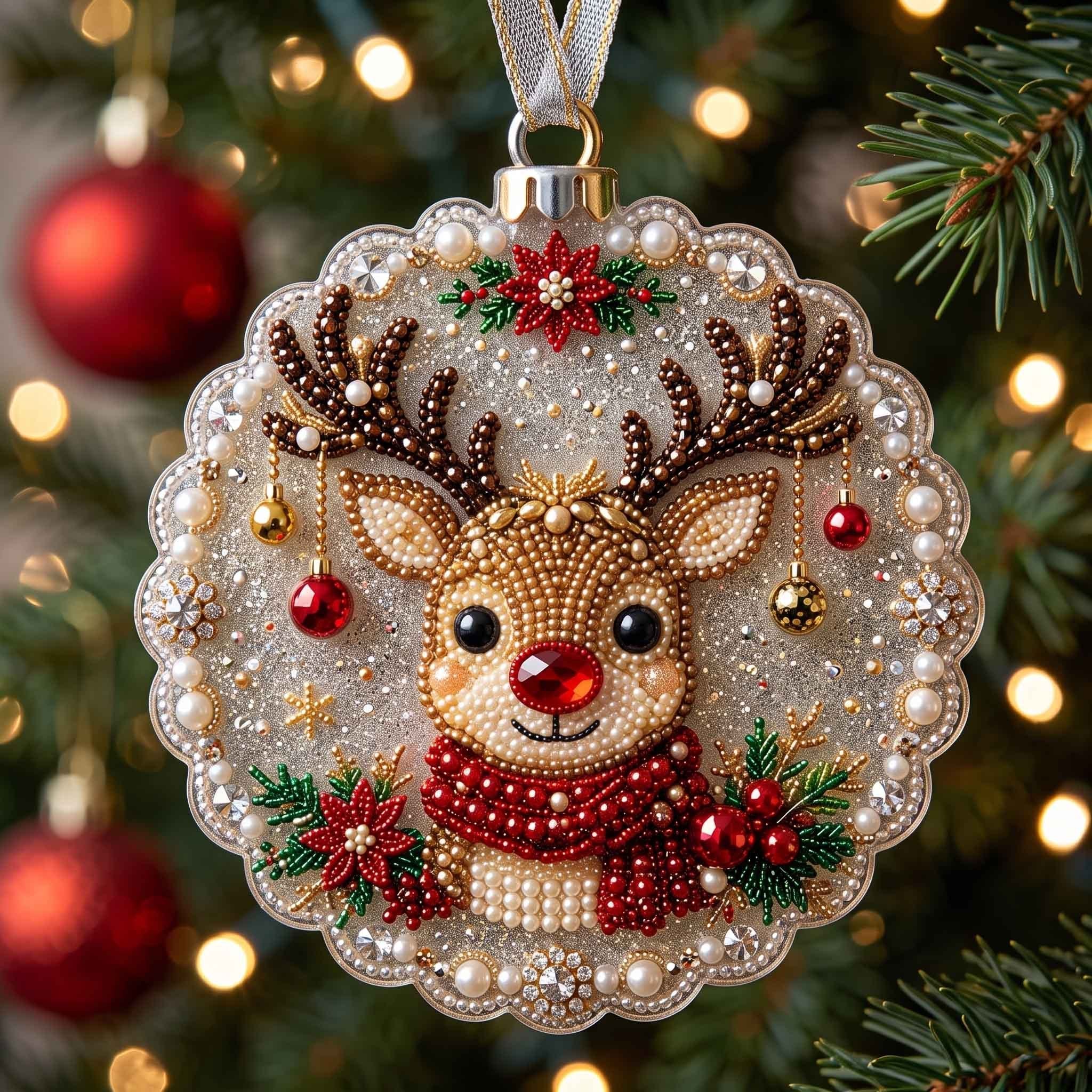 Beaded Reindeer Scallop Christmas Ornament