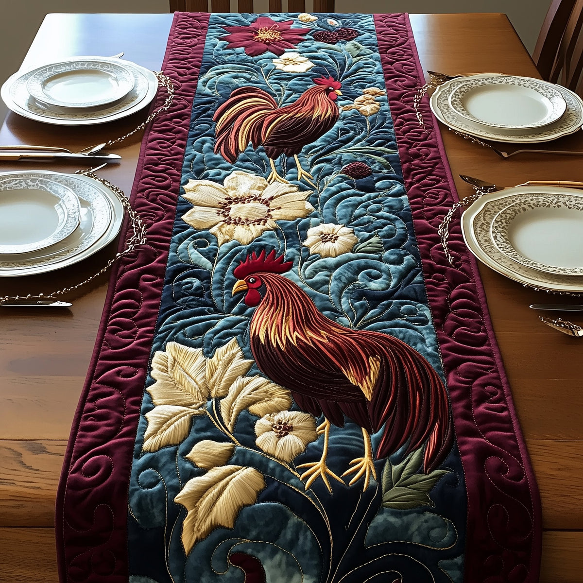 Rooster on Teal with Cream Leaves Table Runner