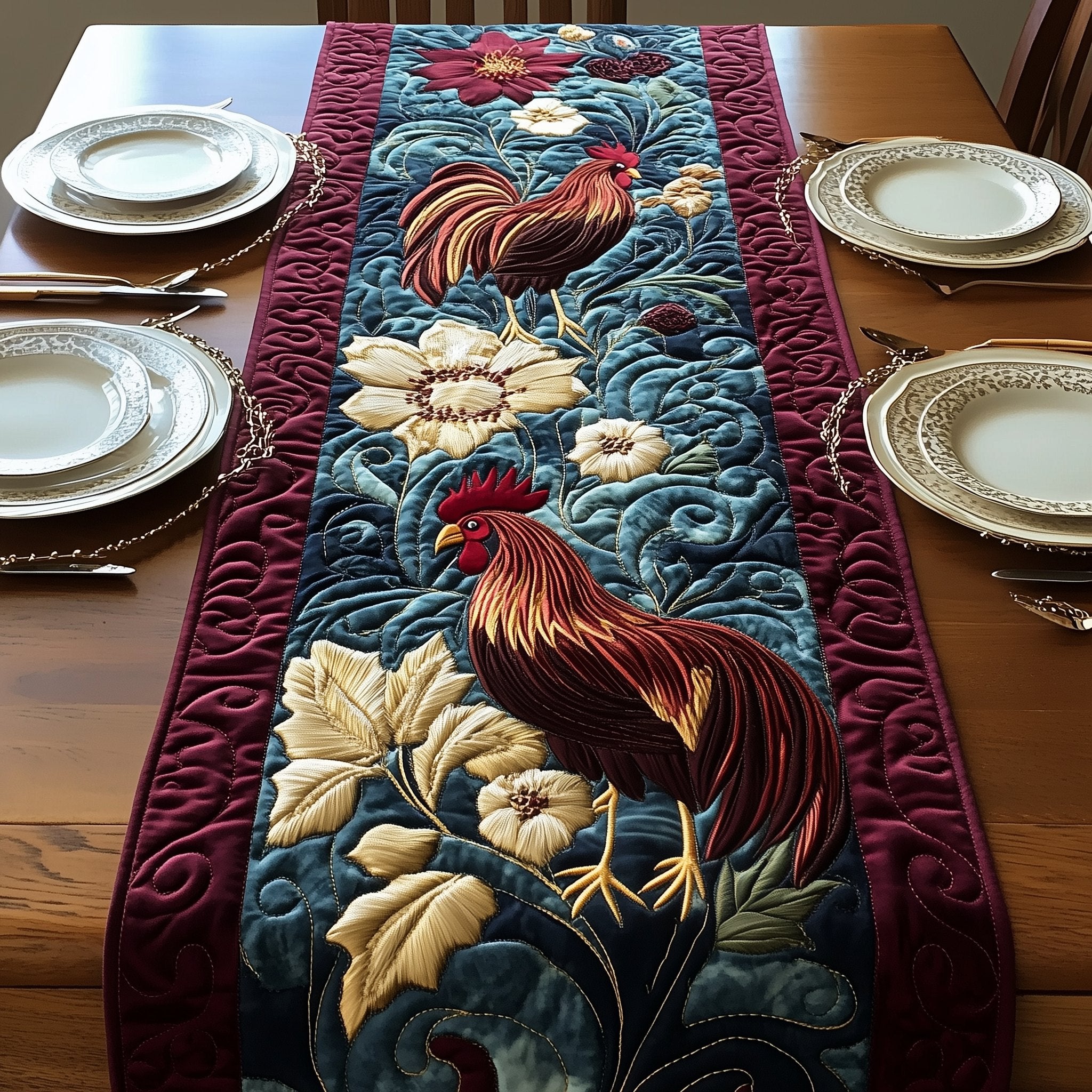 Rooster on Teal with Cream Leaves Table Runner