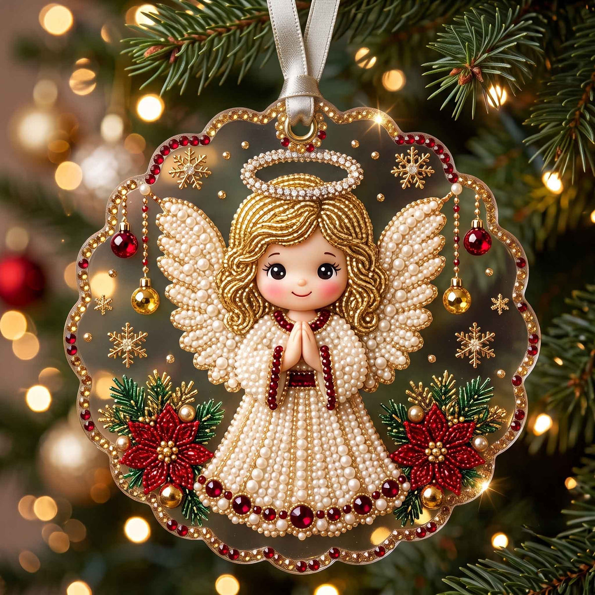 Pearl Angel in Prayer Disc Christmas Ornament