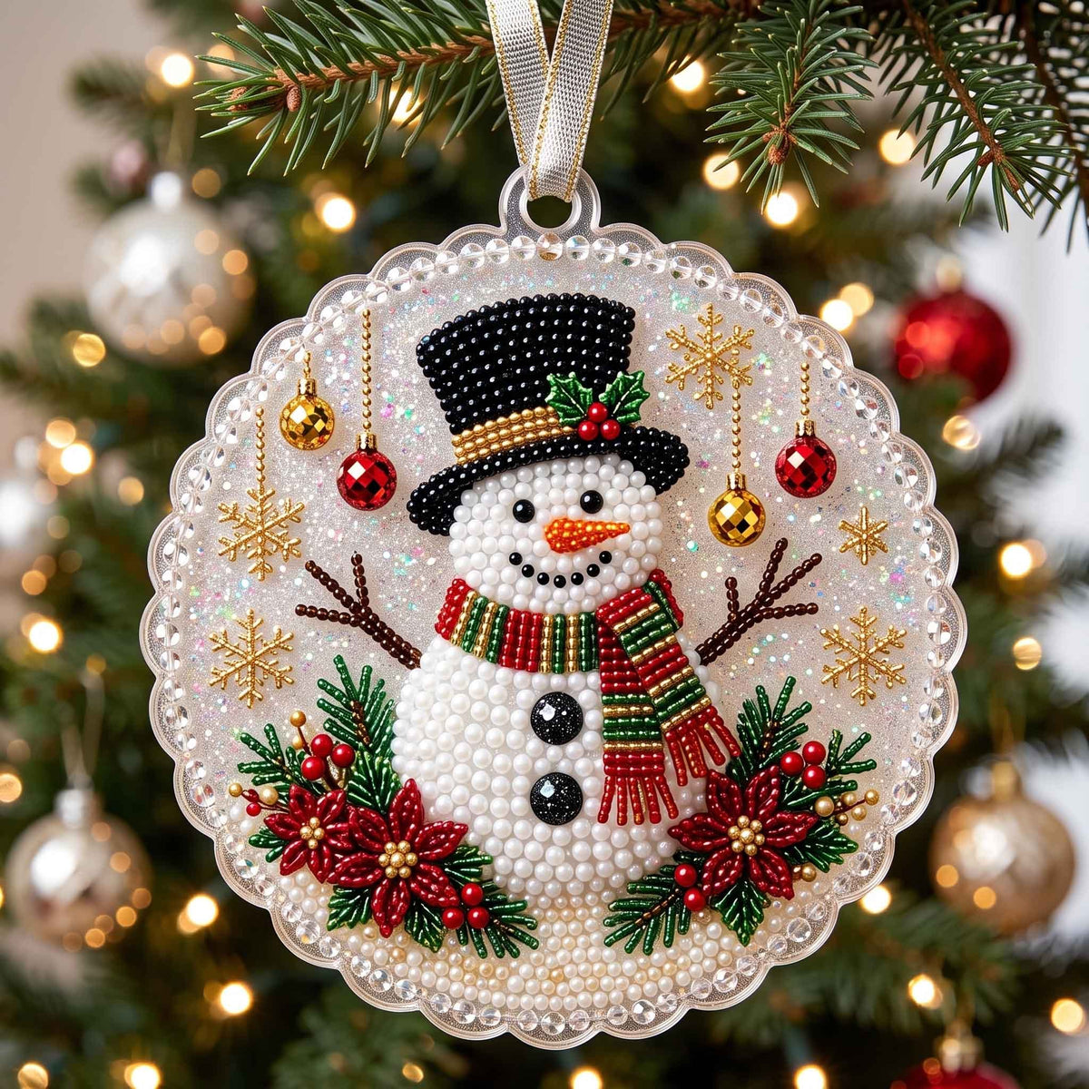 Beaded Snowman Snowflake Disc Christmas Ornament