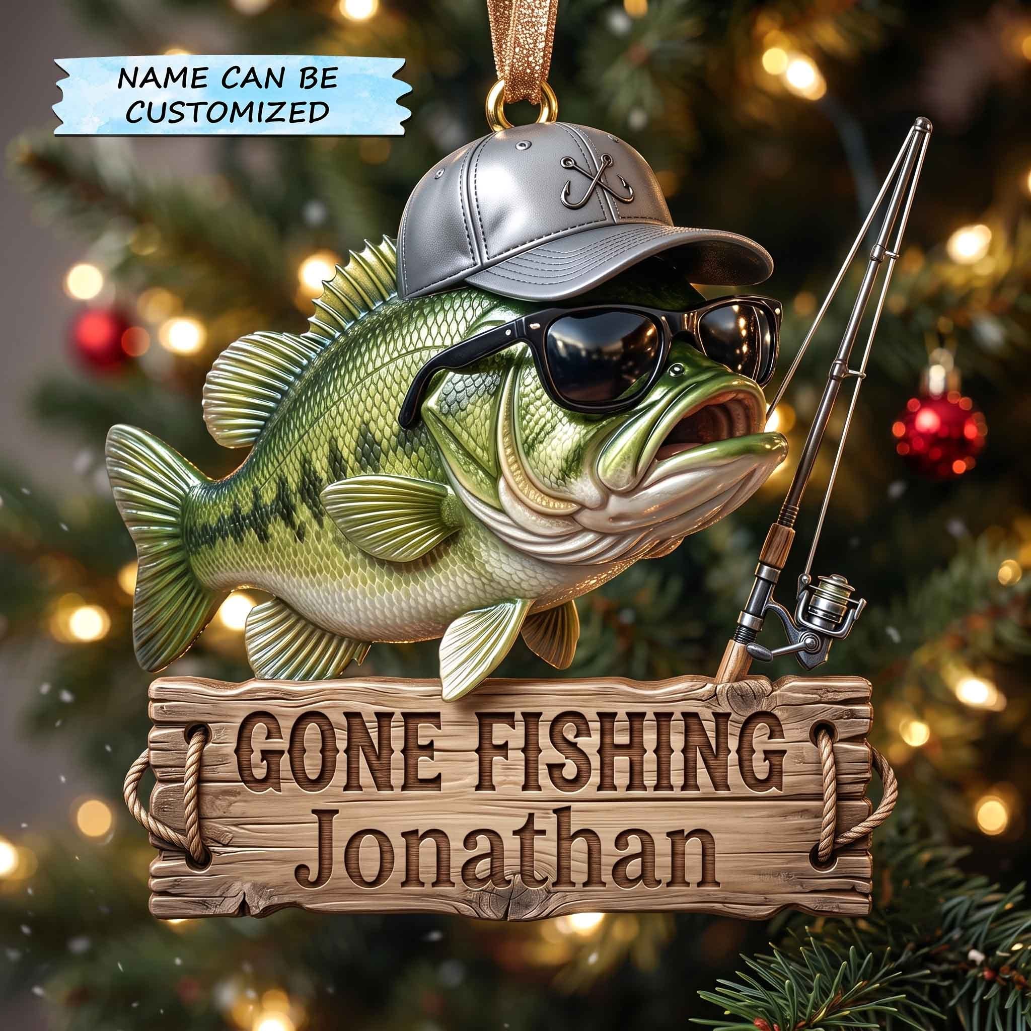 Gone Fishing Bass with Name Board Christmas Ornament