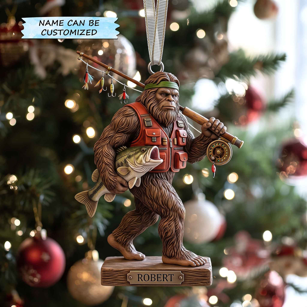 Bigfoot the Angler with His Catch Christmas Ornament