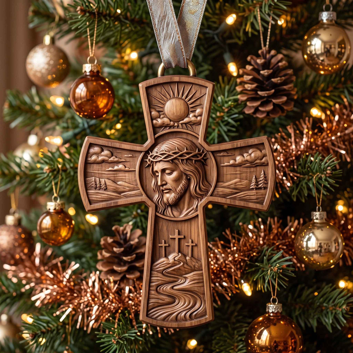 Carved Wood Jesus Cross Christmas Ornament