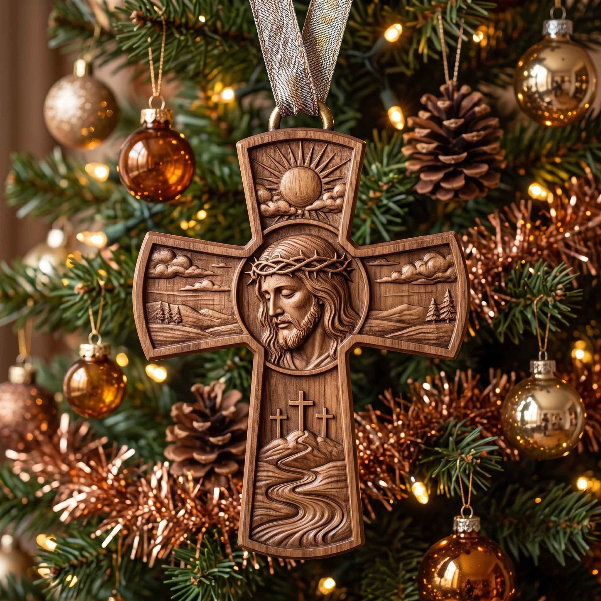 Carved Wood Jesus Cross Christmas Ornament