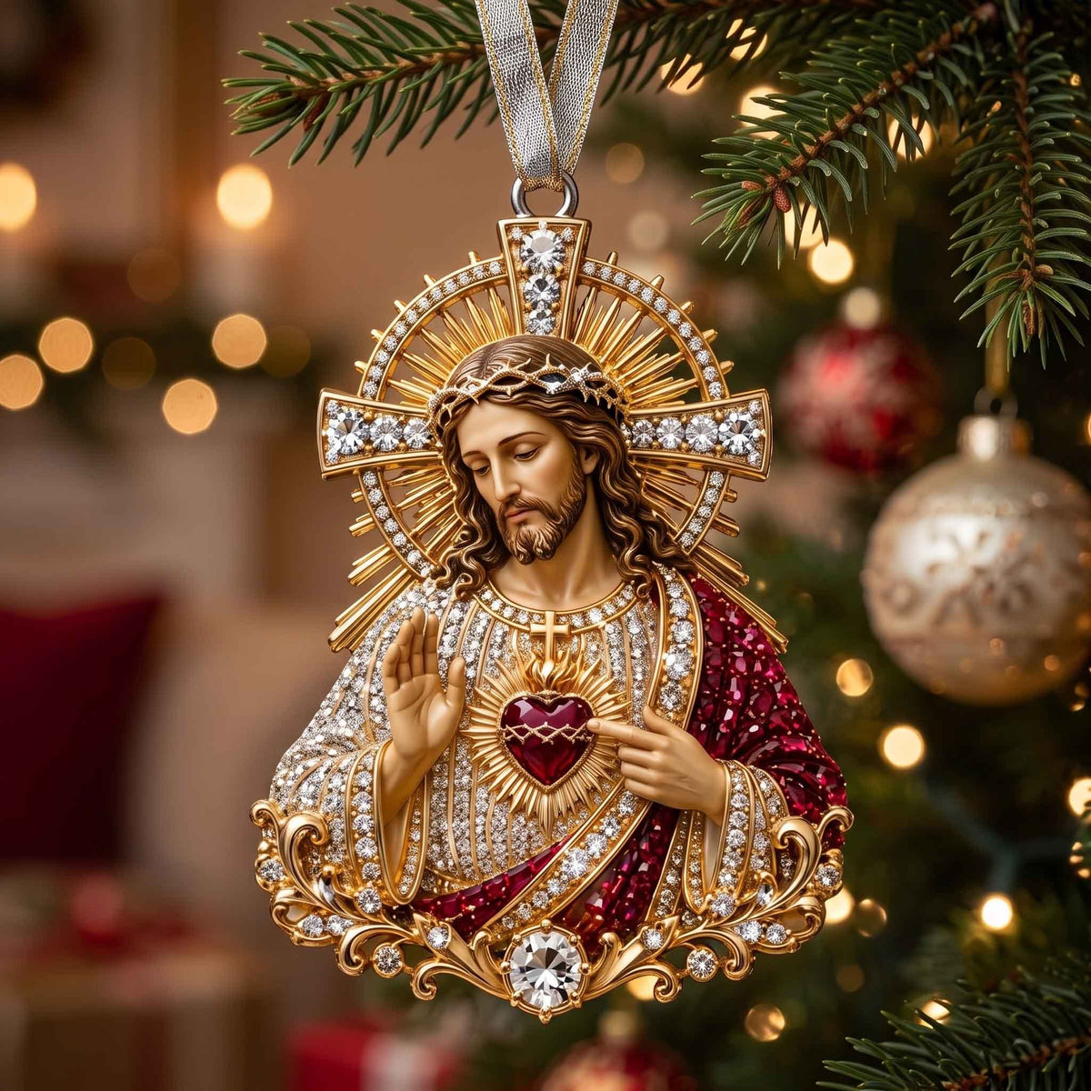 Sacred Heart in Diamante Christmas Ornament