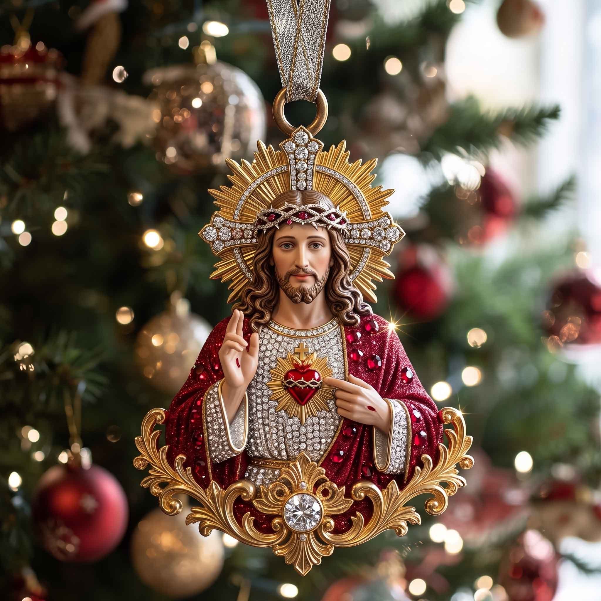 Sacred Heart with a Golden Halo Christmas Ornament