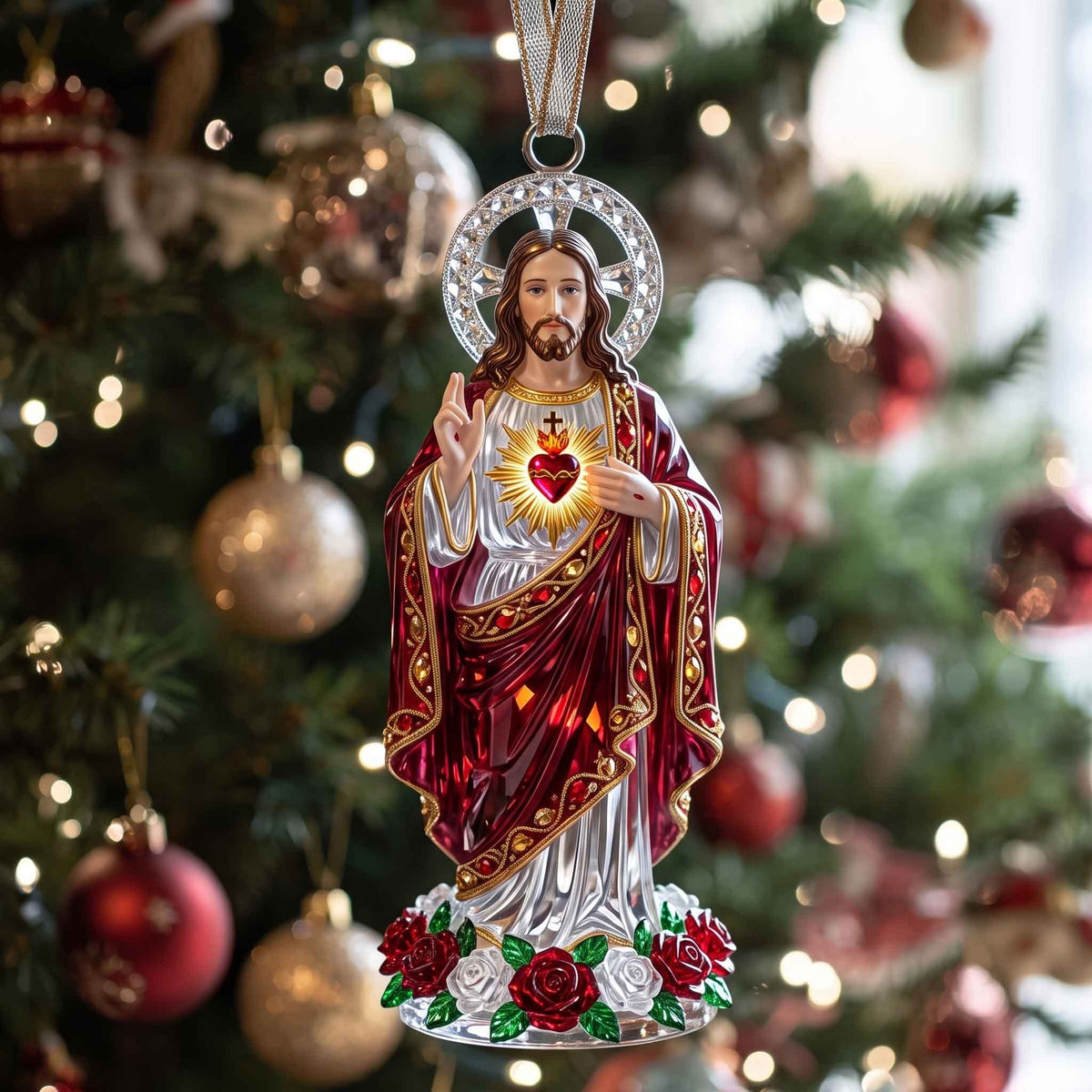 Sacred Heart on a Rose Base Christmas Ornament