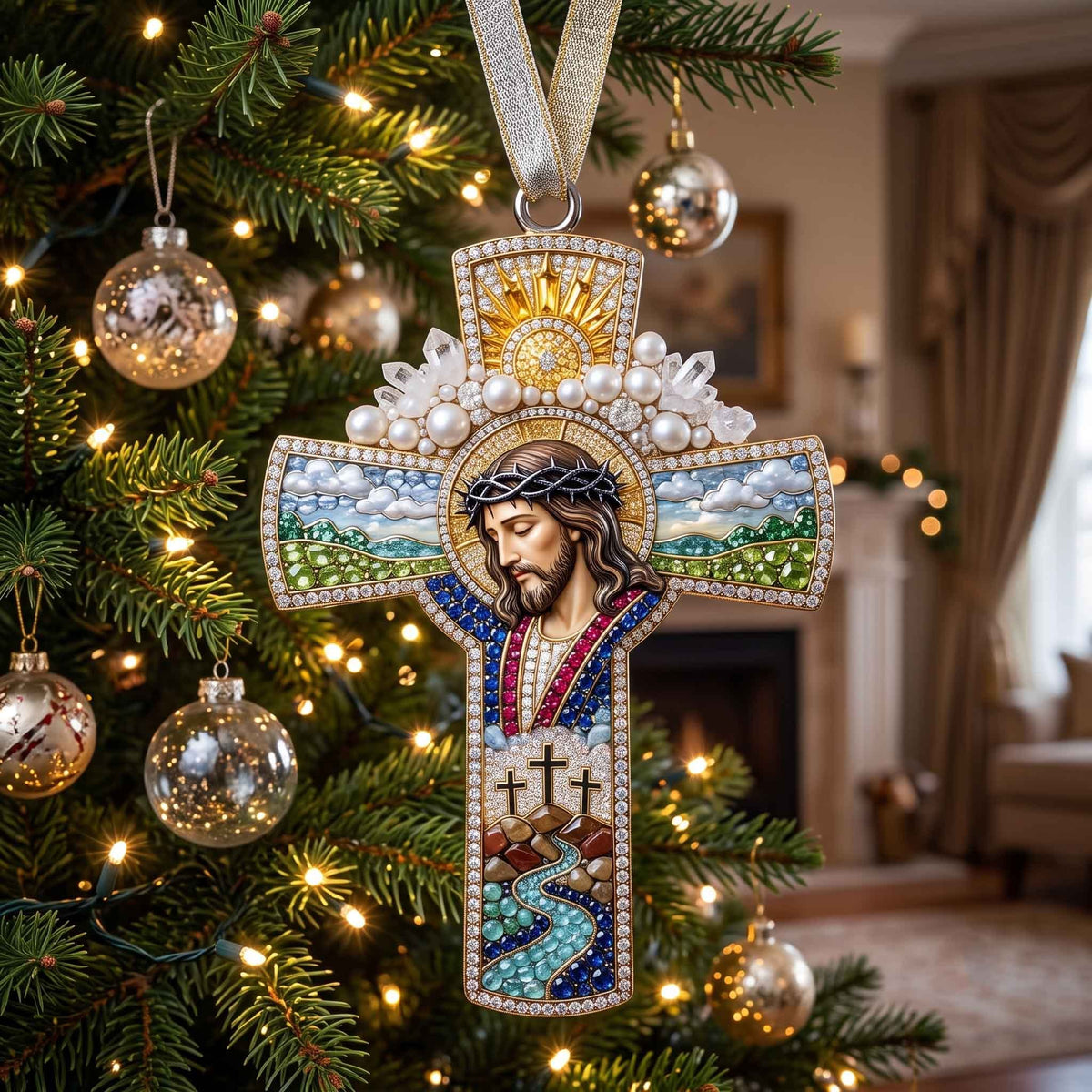 Beaded Cross of Calvary Christmas Ornament