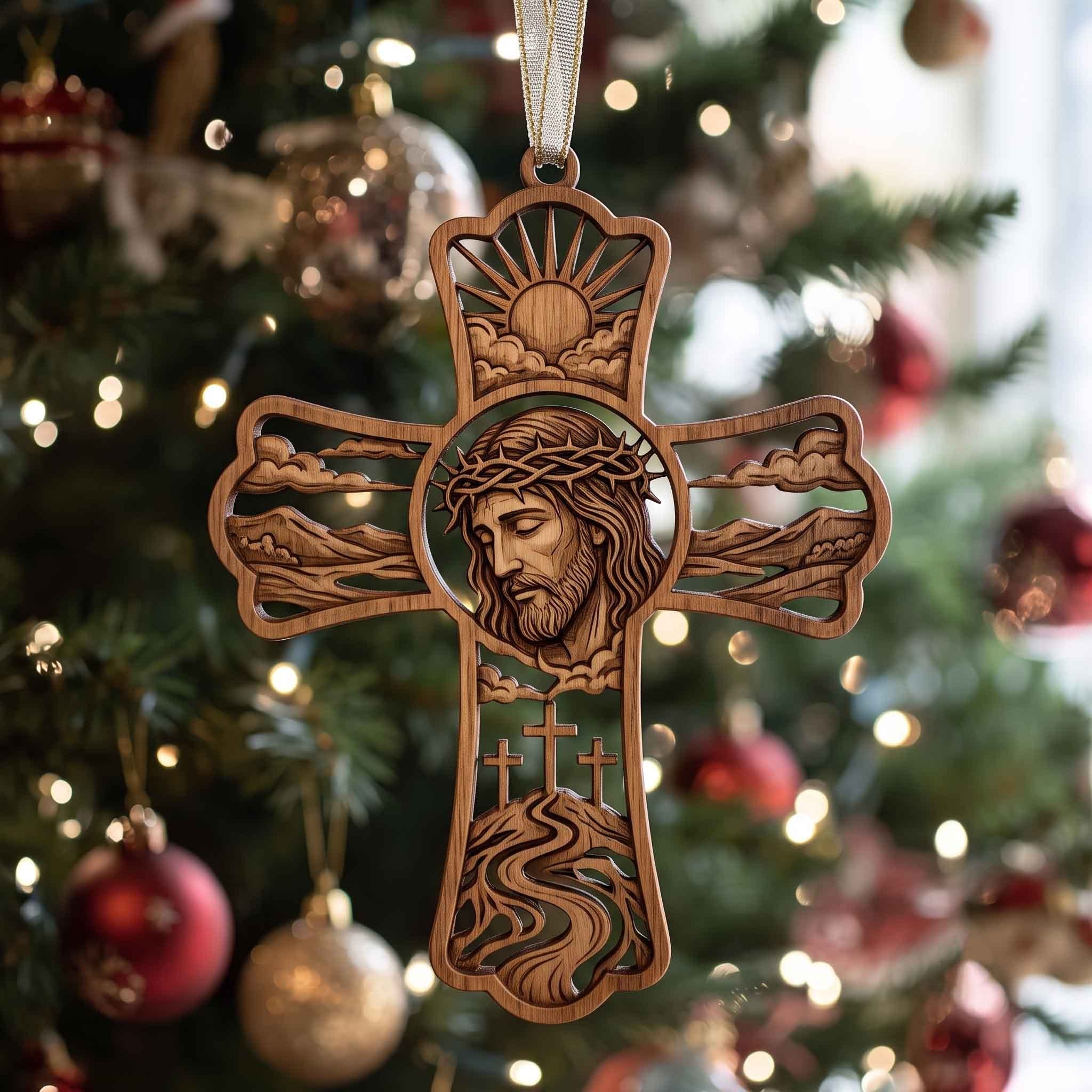 Crown of Thorns Wooden Cross Christmas Ornament