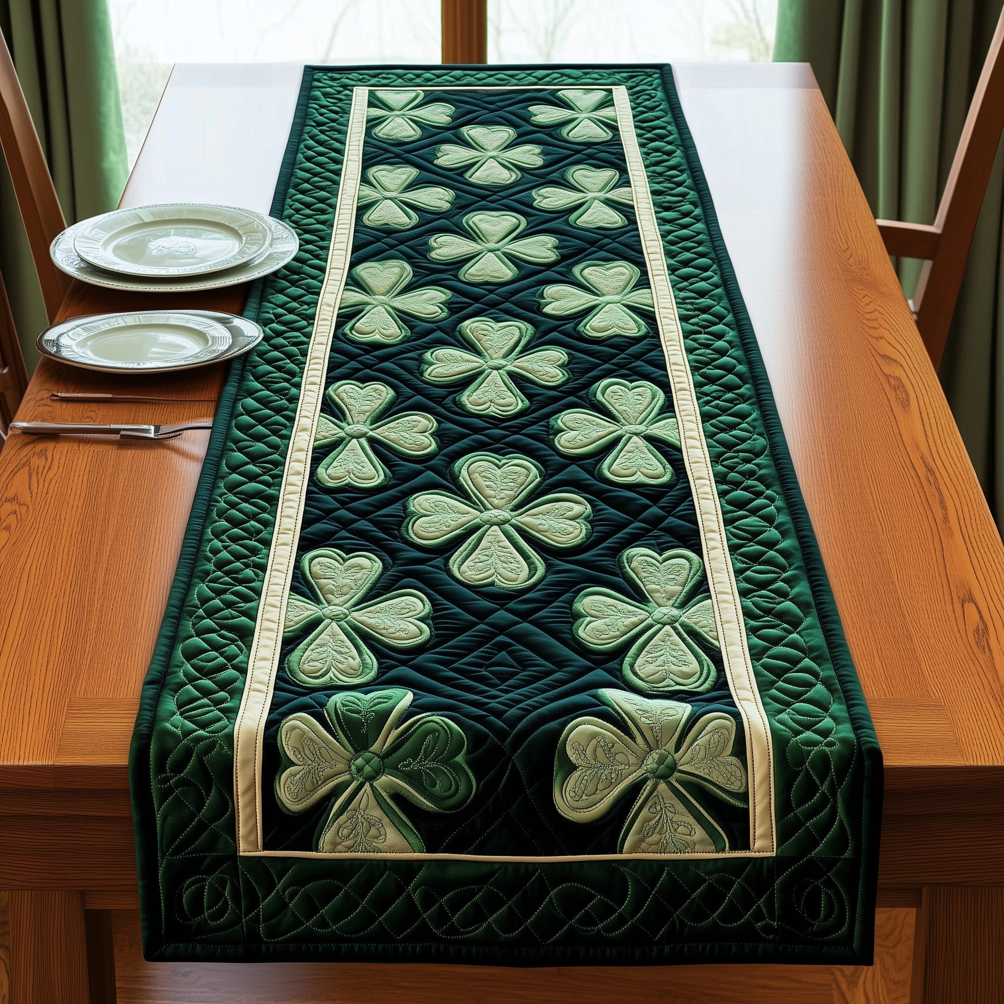 Small Shamrocks on Dark Green Table Runner