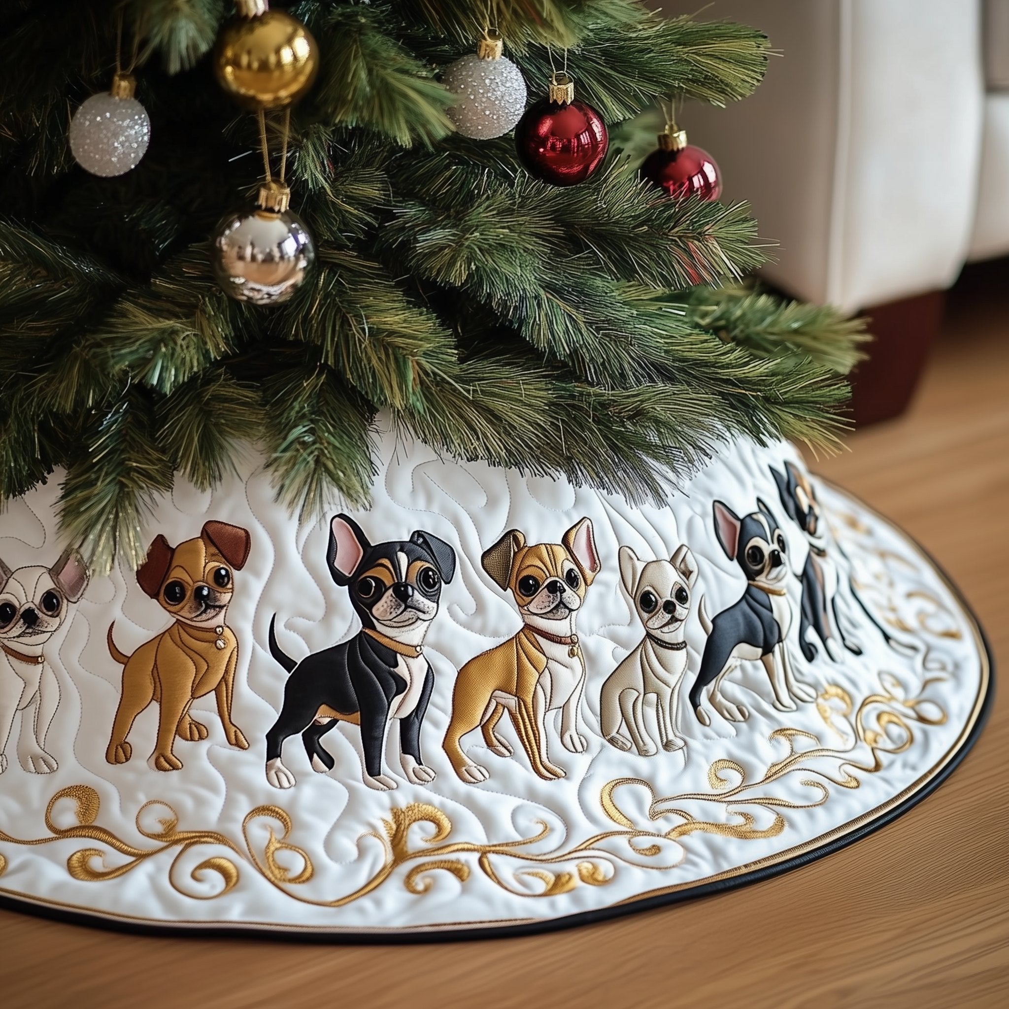 Chihuahua Pack on the Gold Scroll Christmas Tree Skirt