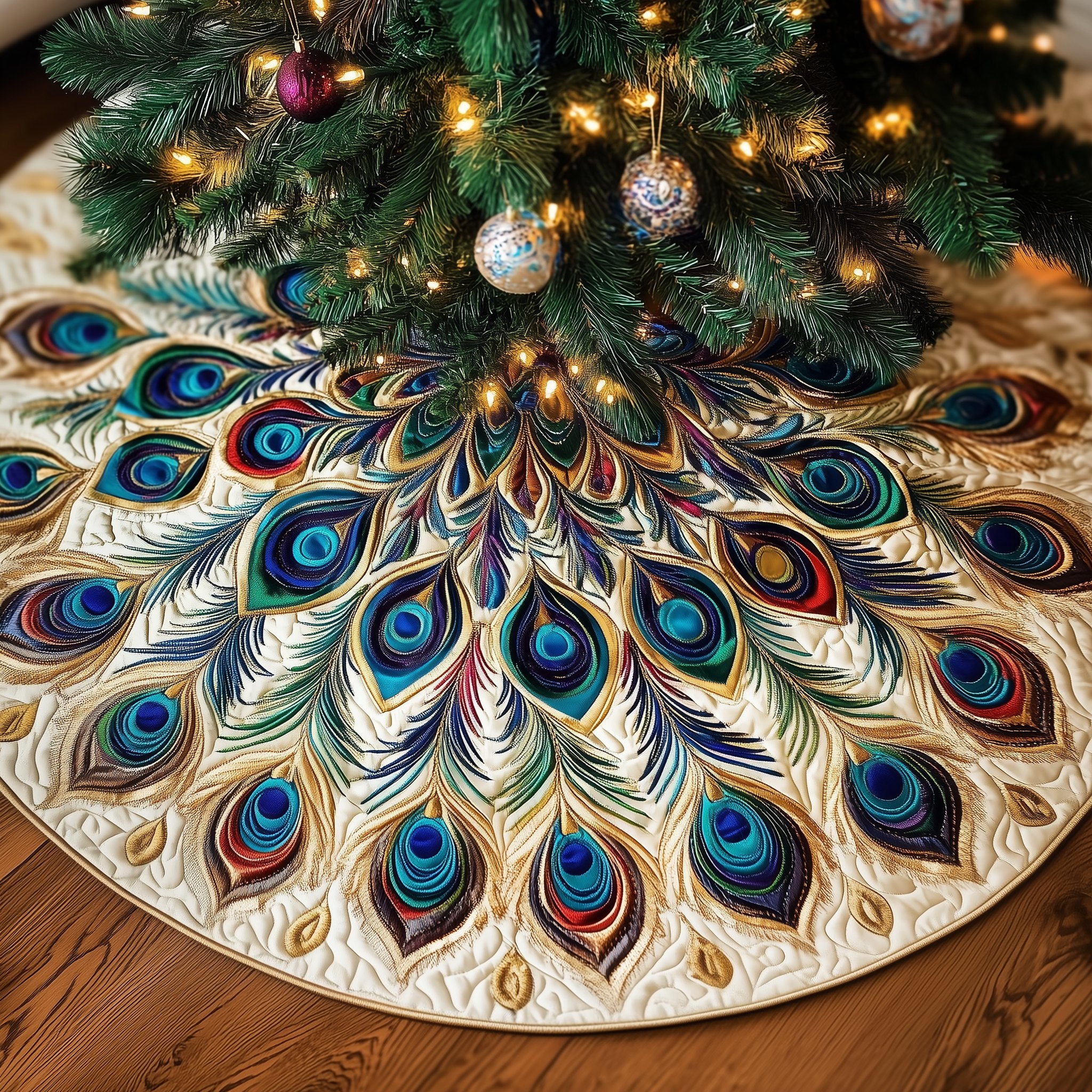 Dense Blue Green Peacock Fan Christmas Tree Skirt