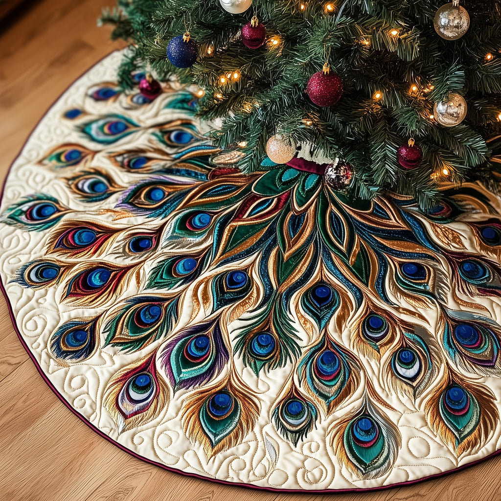 Teal Peacock Fan on Cream Christmas Tree Skirt