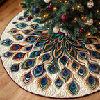 Teal Peacock Fan on Cream Christmas Tree Skirt