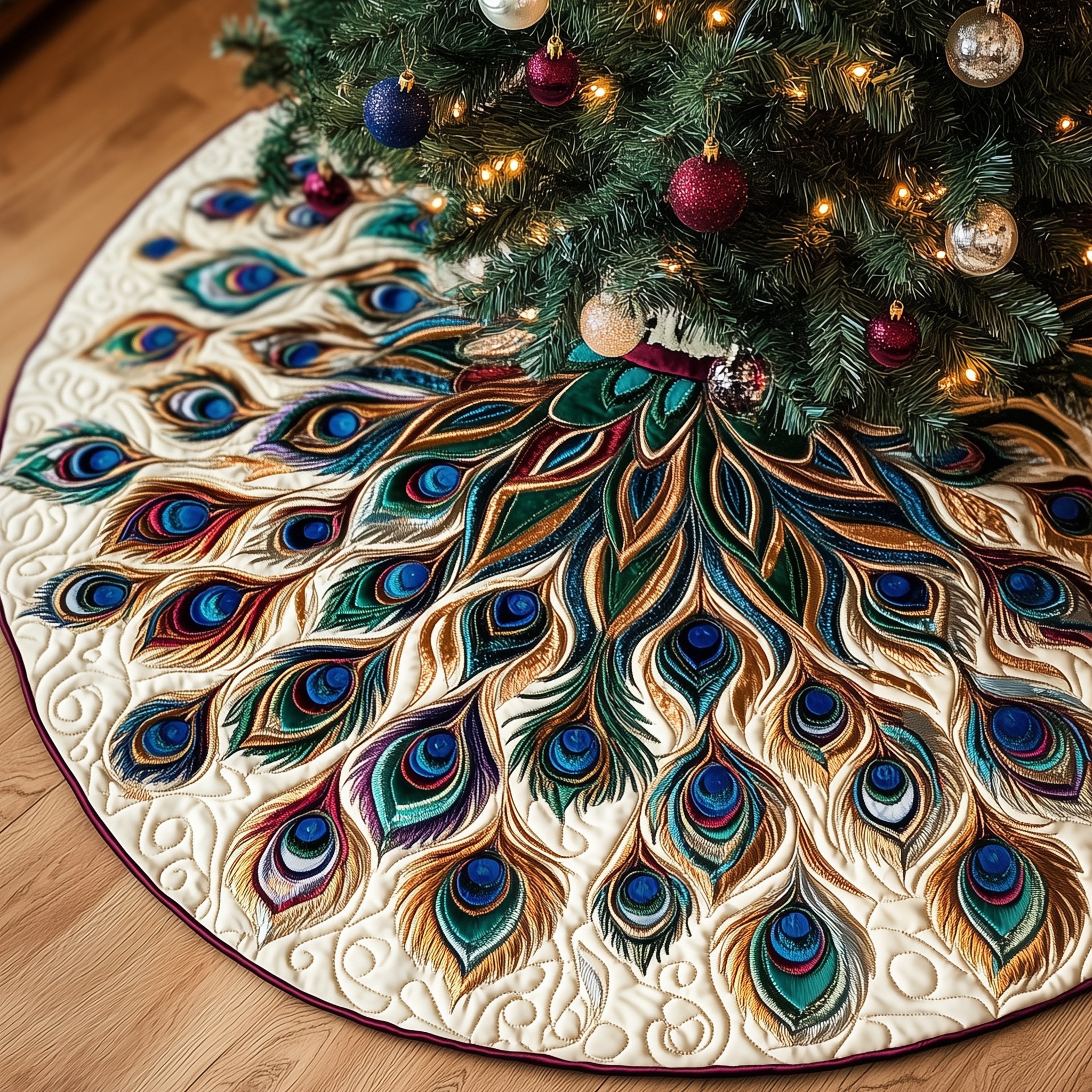 Teal Peacock Fan on Cream Christmas Tree Skirt
