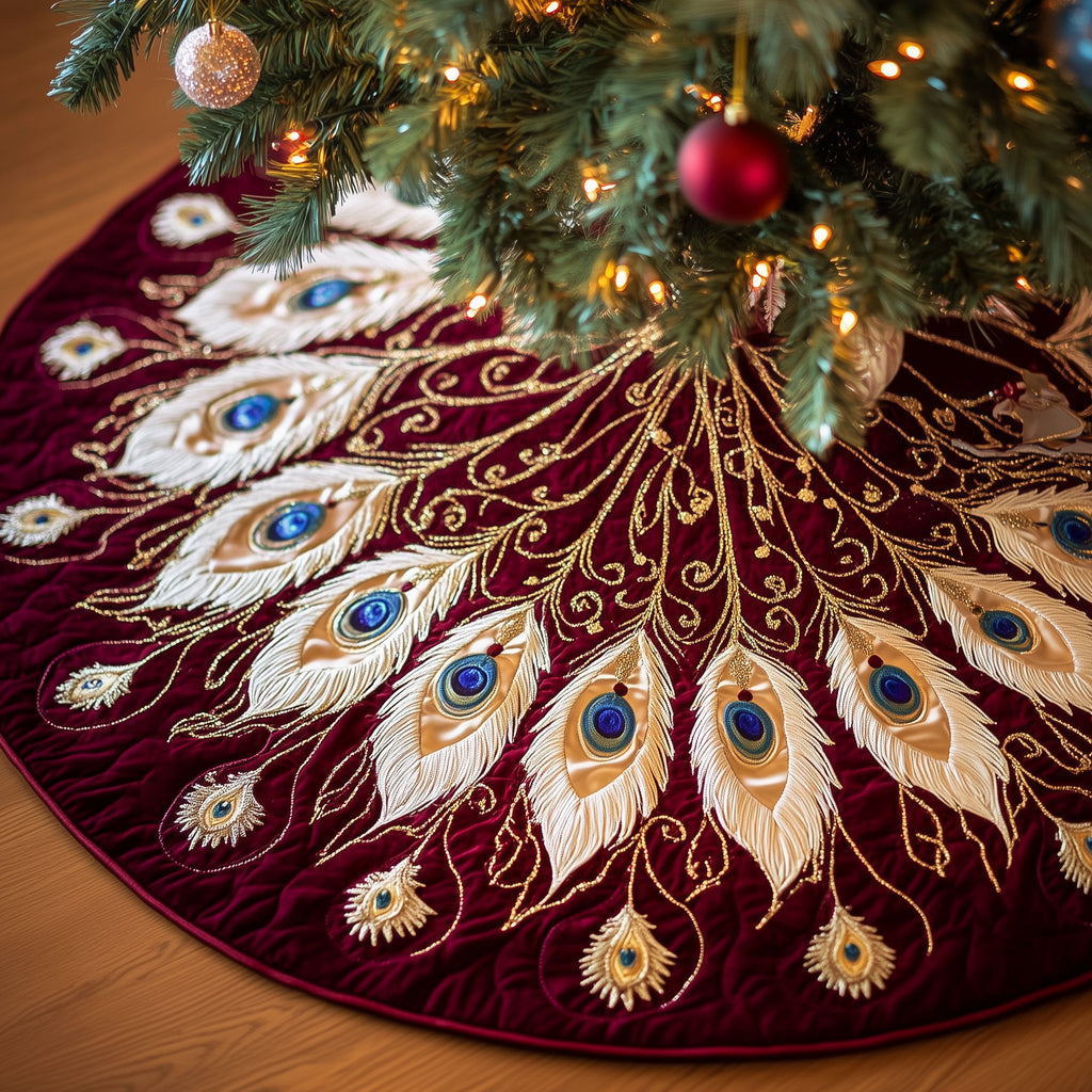 Peacock Plumes on Burgundy Velvet Christmas Tree Skirt