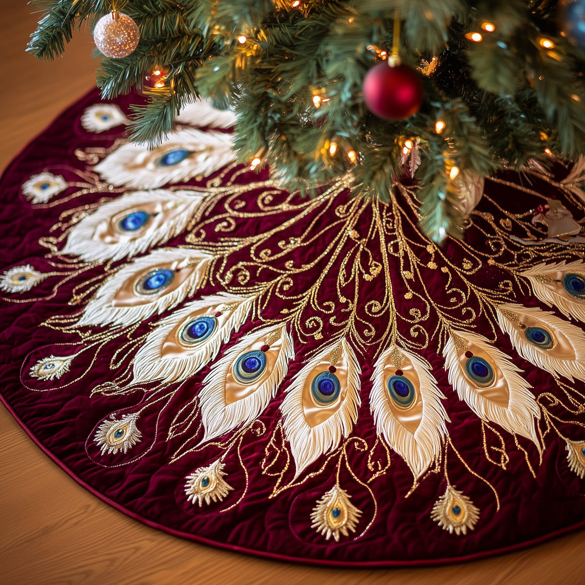 Peacock Plumes on Burgundy Velvet Christmas Tree Skirt