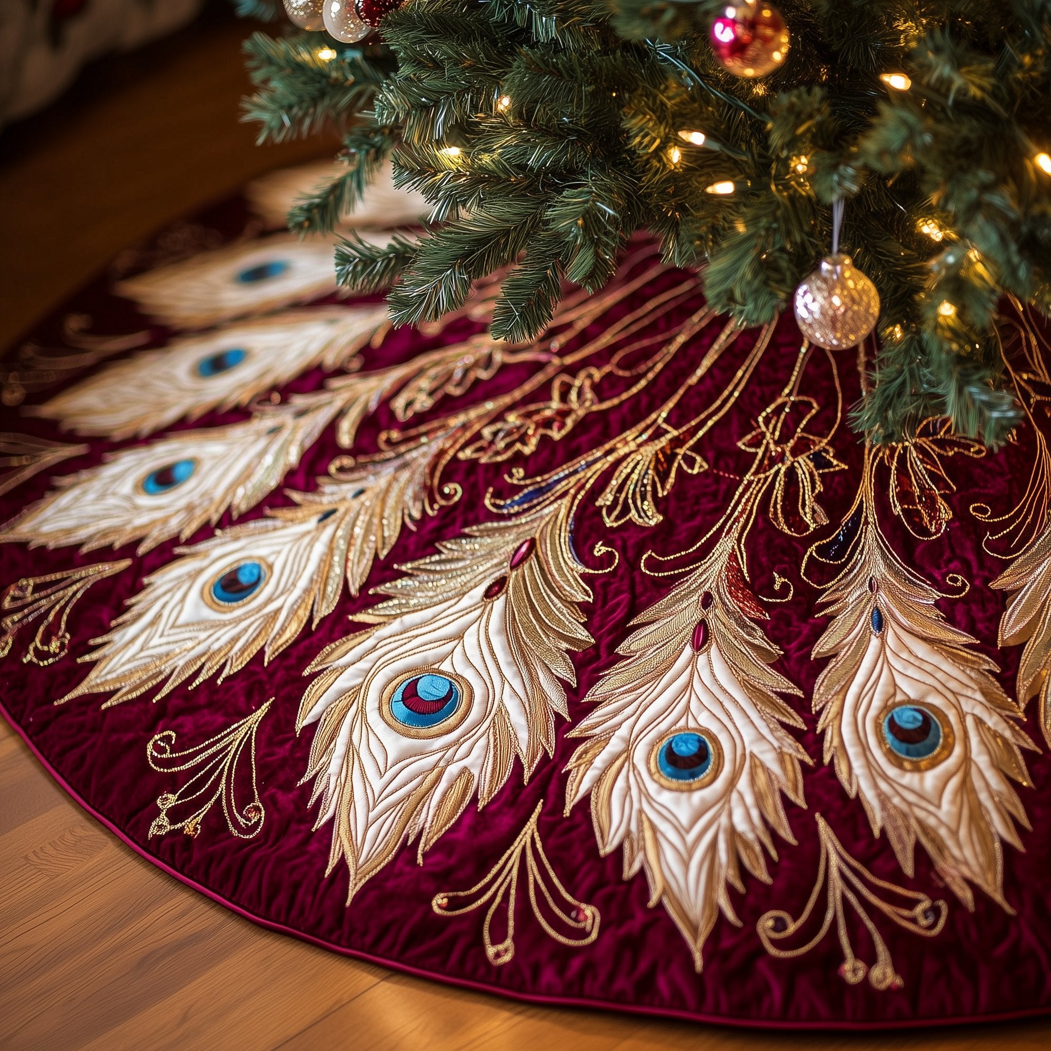 White Peacock Plumes on Deep Red Christmas Tree Skirt